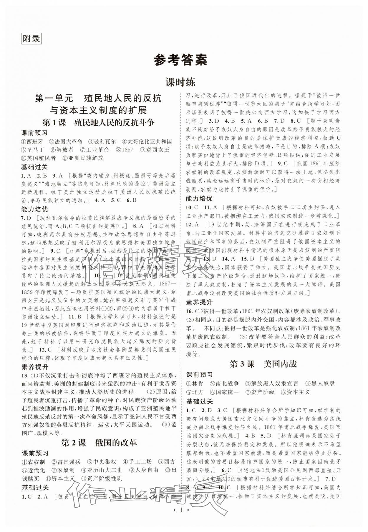 2025年思路教練同步課時作業(yè)九年級歷史下冊人教版 第1頁