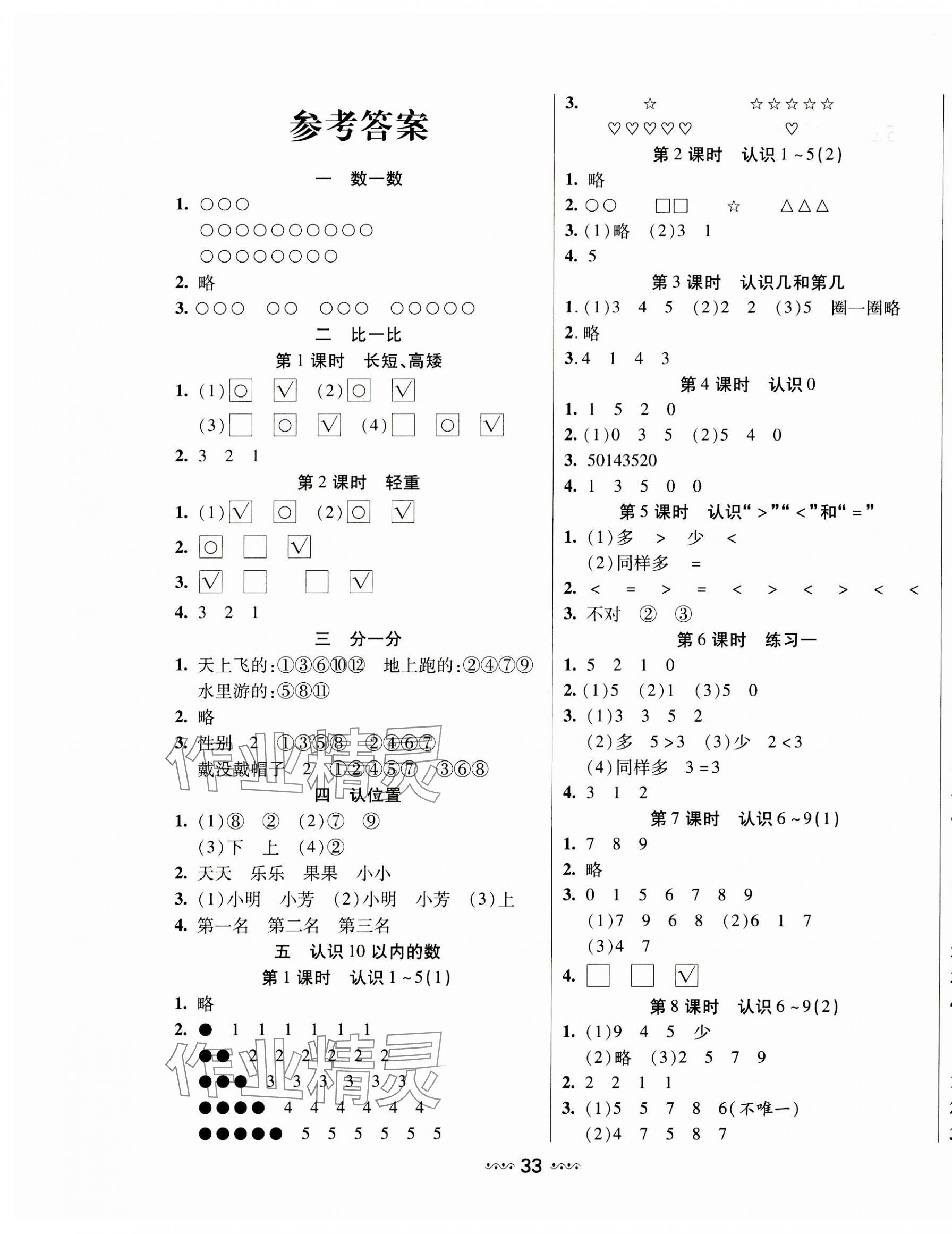 2023年輕松練一線課堂一年級(jí)數(shù)學(xué)上冊(cè)蘇教版 參考答案第1頁(yè)