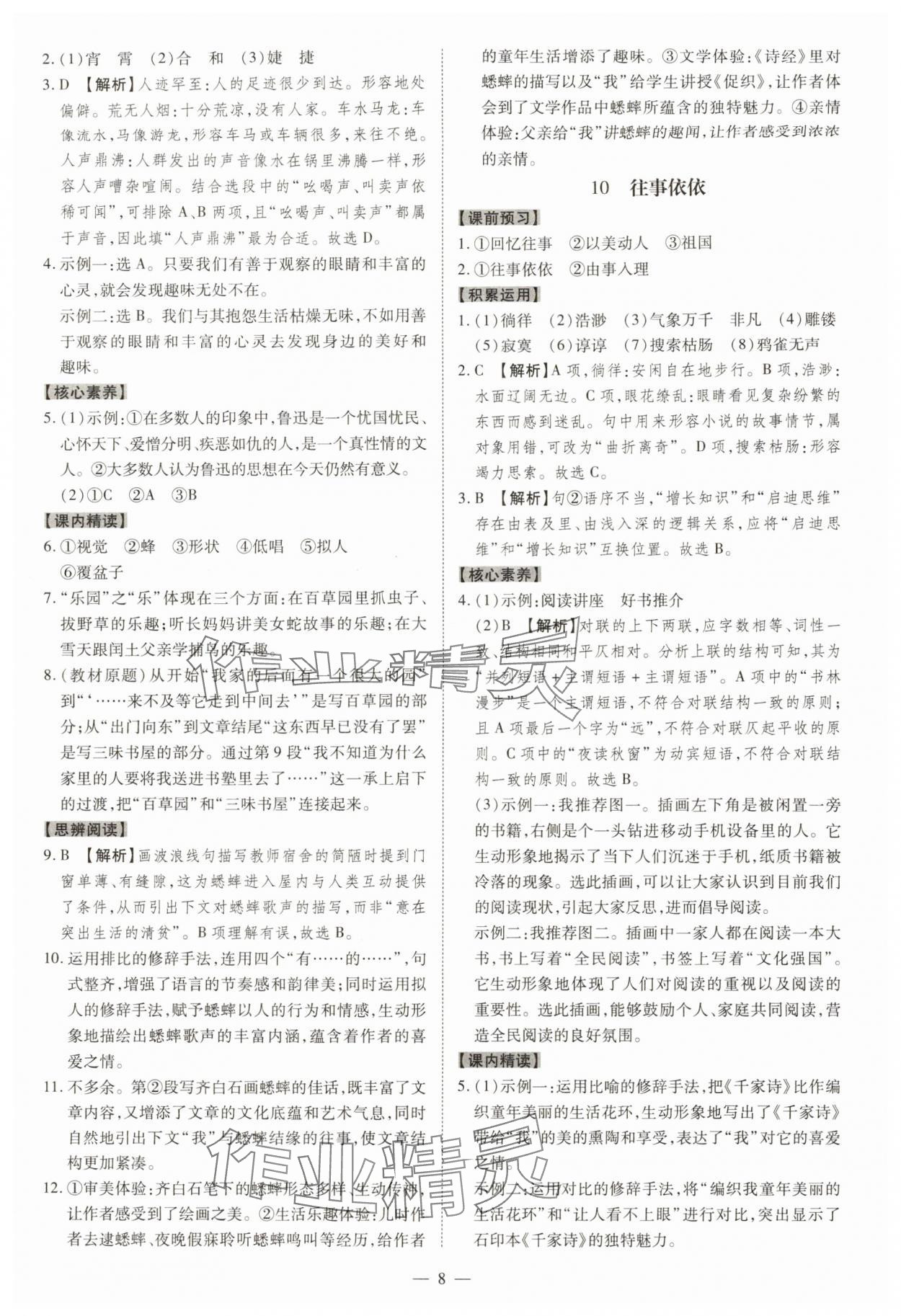 2025年同步冲刺七年级语文上册人教版&nbsp;参考答案第8页