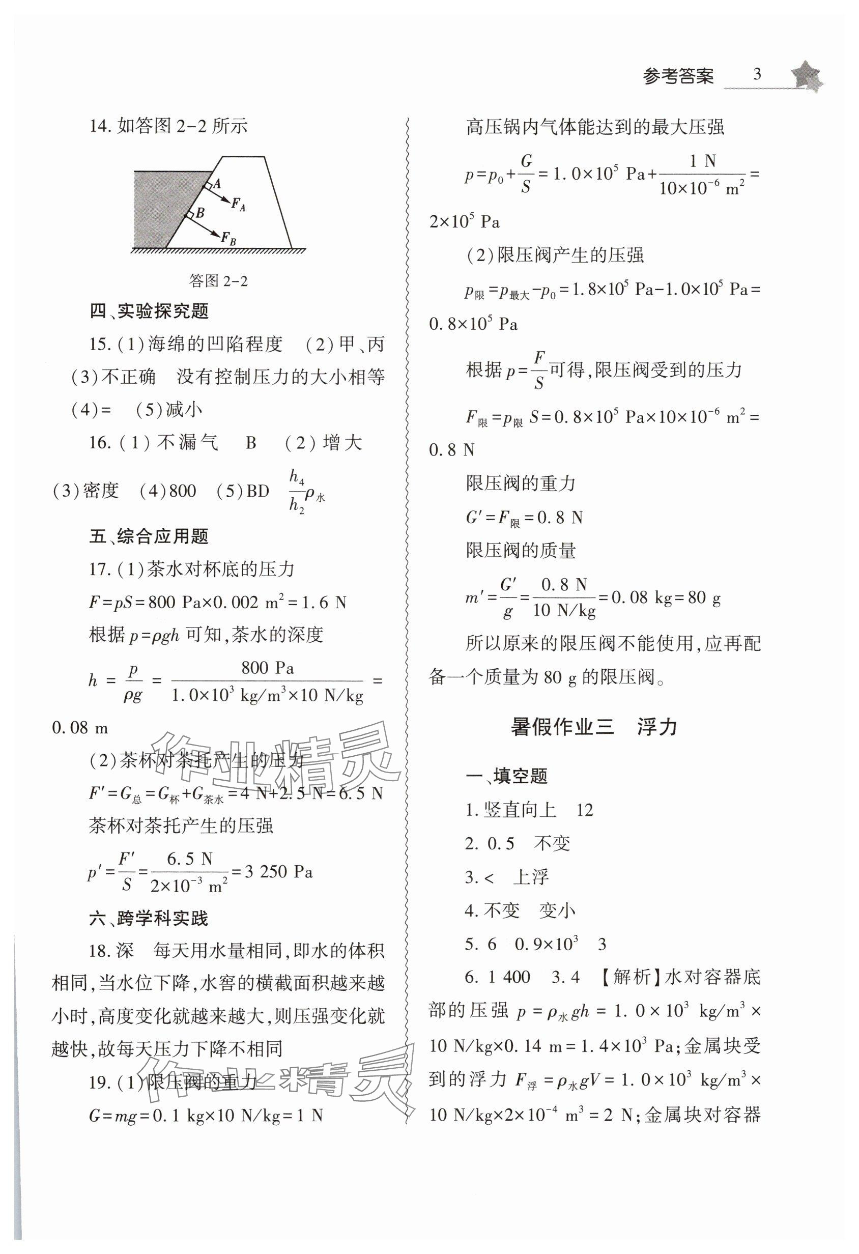 2025年暑假作業(yè)本大象出版社八年級物理滬科版 參考答案第3頁