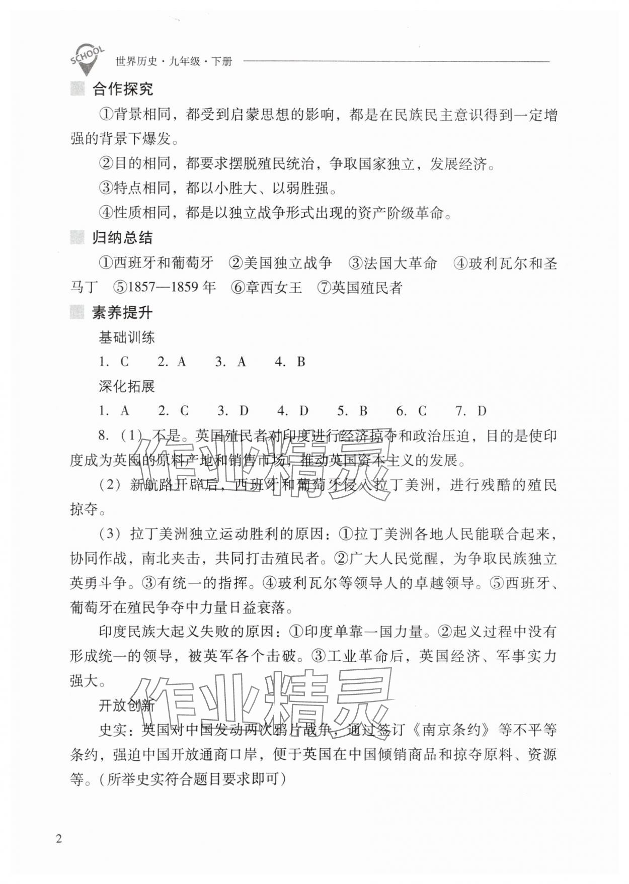 2024年新课程问题解决导学方案九年级历史下册人教版 参考答案第2页