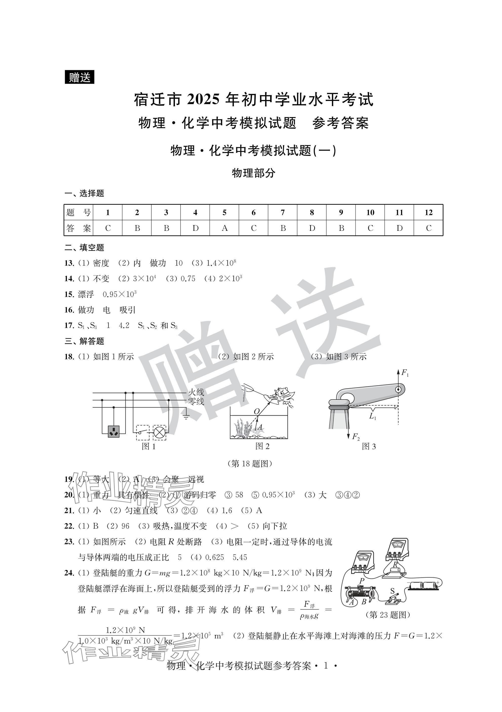 2025年取胜通关中考模拟卷物理.化学 参考答案第1页