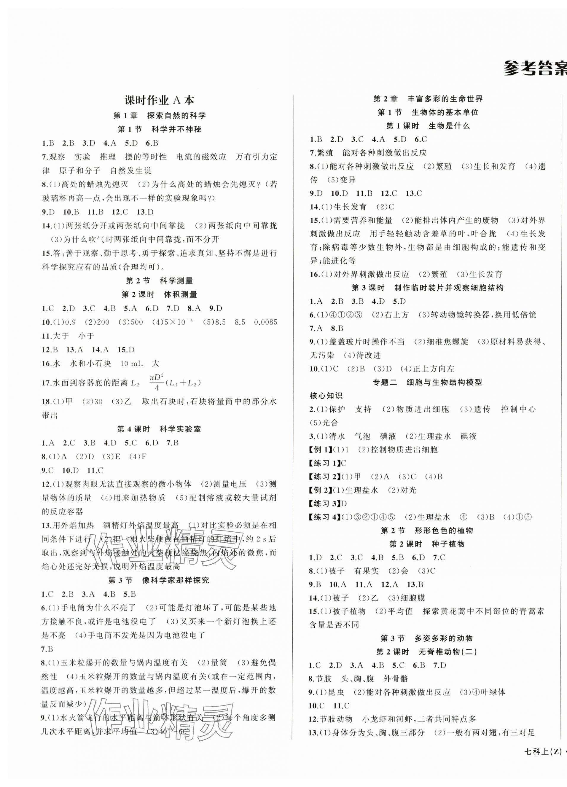 2025年名师面对面同步作业本七年级科学上册浙教版浙江专版 第1页