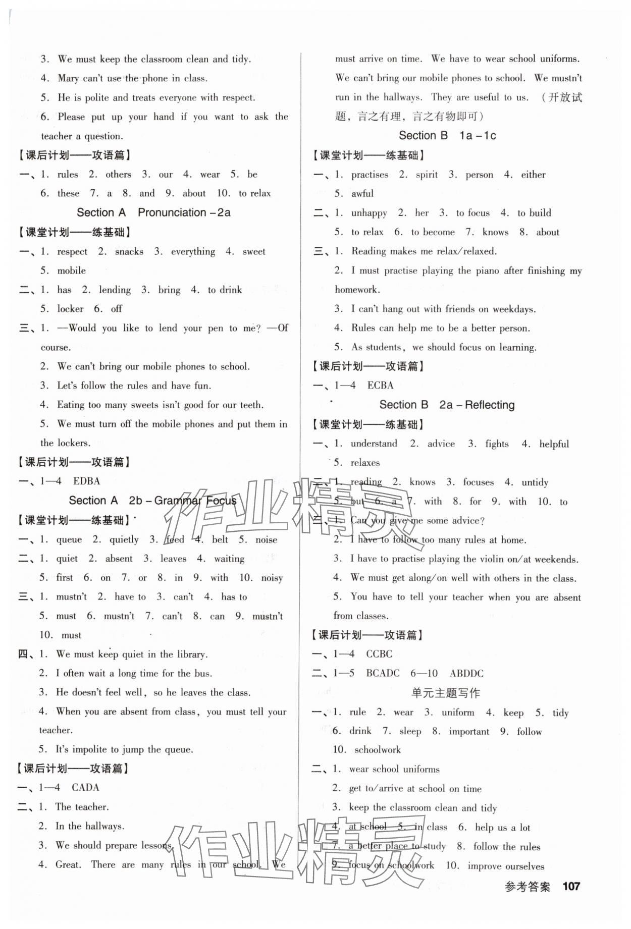 2025年全優點練課計劃七年級英語下冊人教版 參考答案第3頁