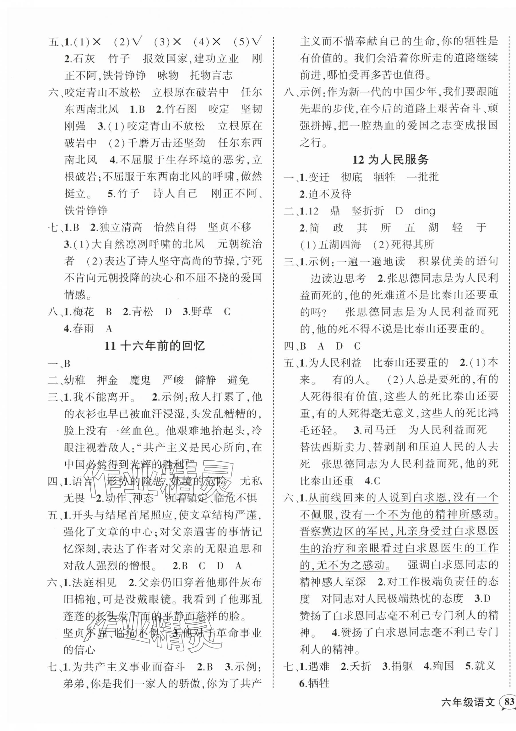 2024年状元成才路创优作业100分六年级语文下册人教版广东专版 参考答案第5页