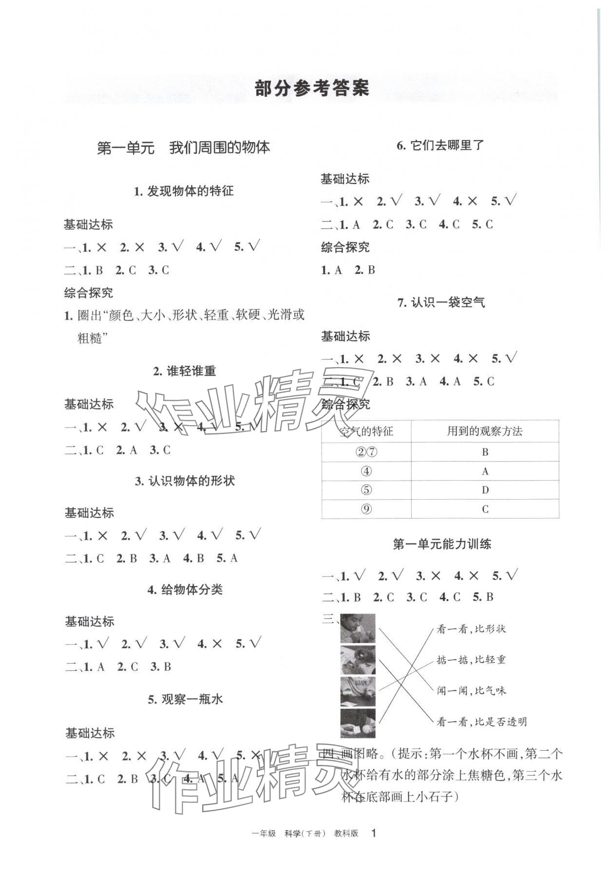 2024年學習之友一年級科學下冊教科版 參考答案第1頁