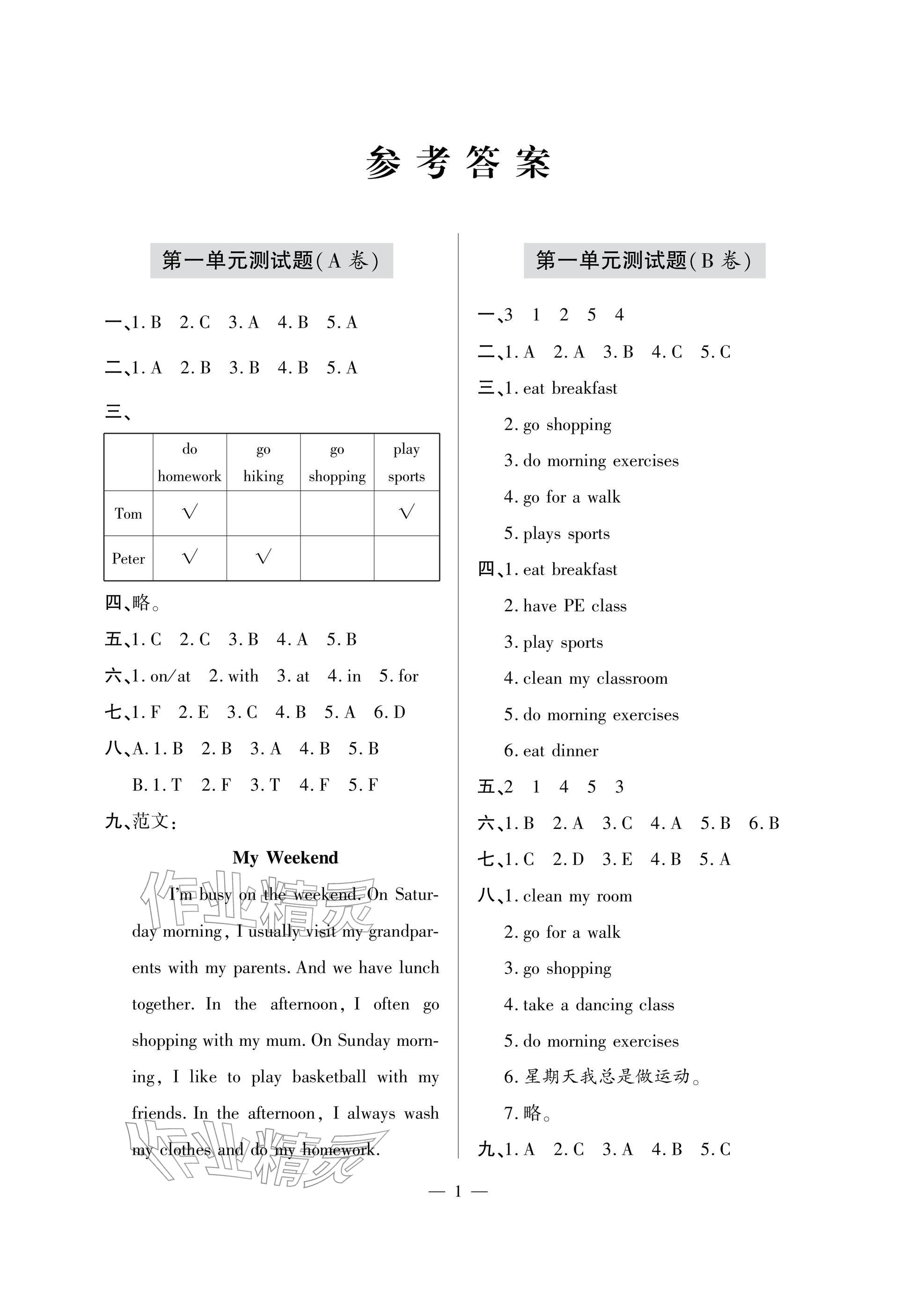2026年单元自测试卷五年级英语下学期人教版&nbsp;参考答案第1页