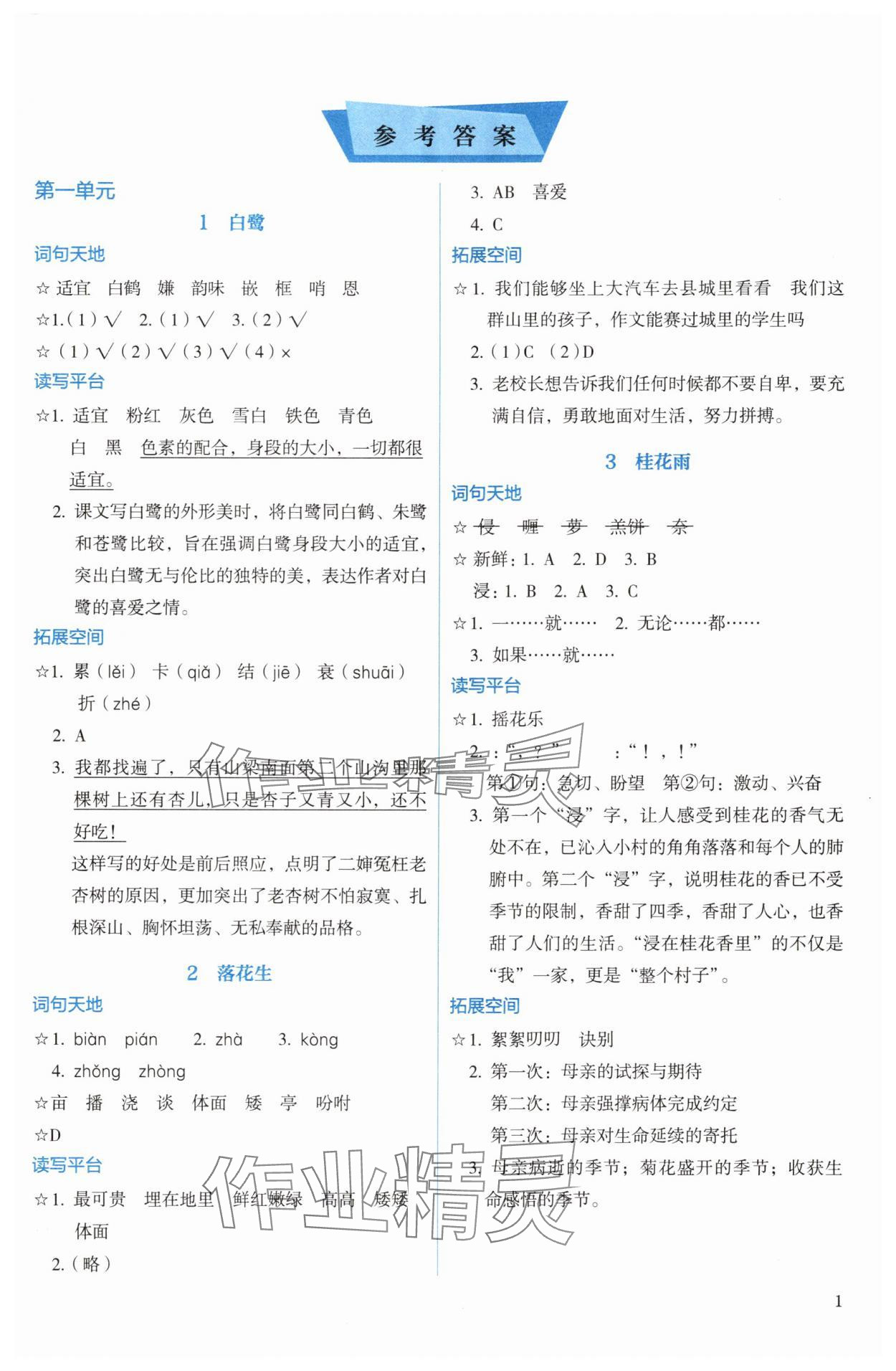 2025年人教金学典同步解析与测评五年级语文上册人教版 参考答案第1页