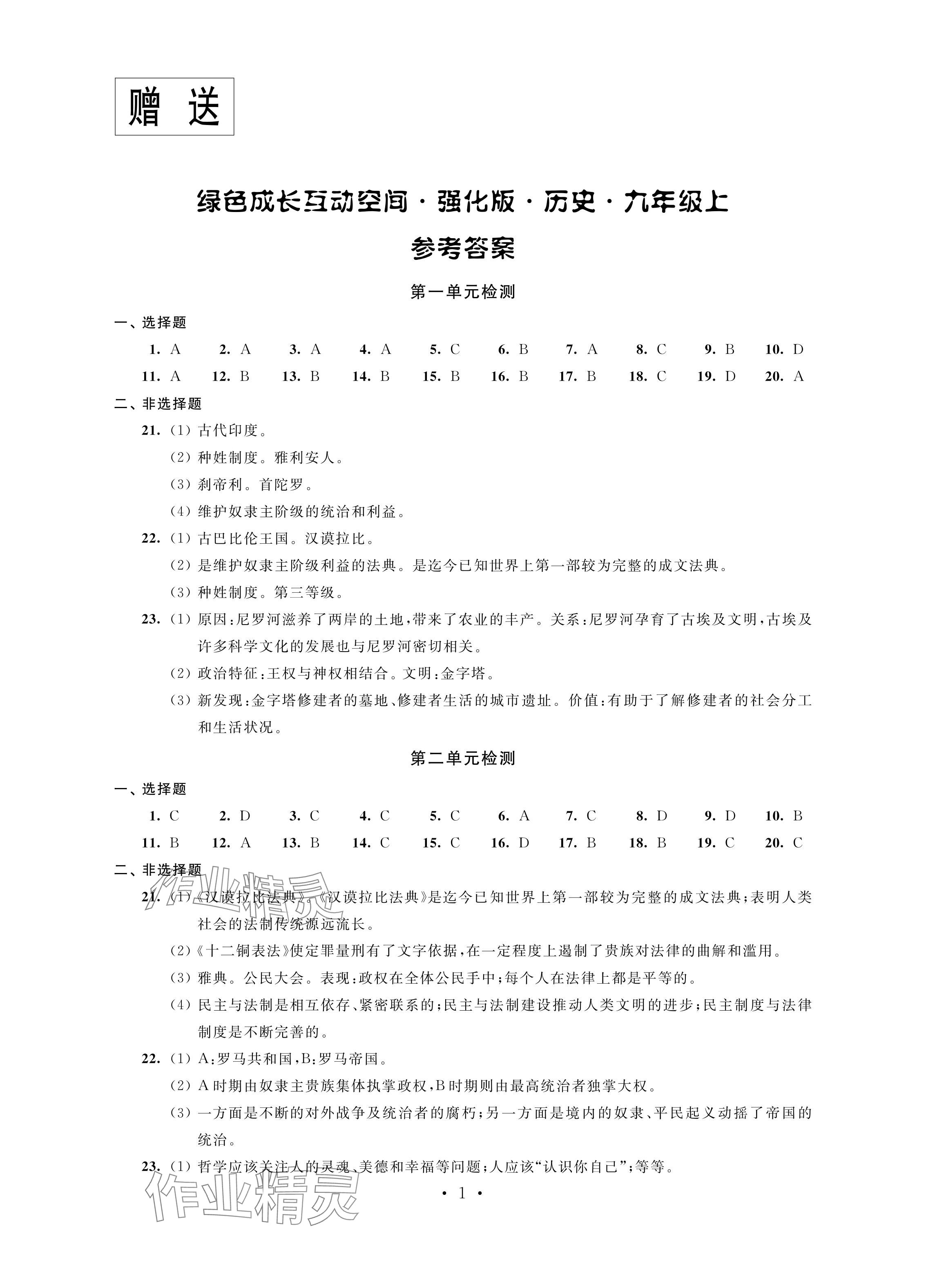 2024年綠色成長互動空間配套練習九年級歷史上冊人教版強化版 參考答案第1頁