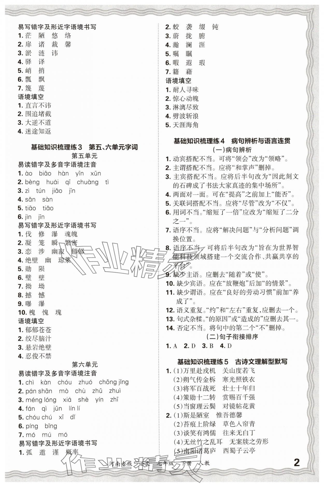2025年王朝霞各地期末试卷精选七年级语文下册人教版河南专版 参考答案第2页