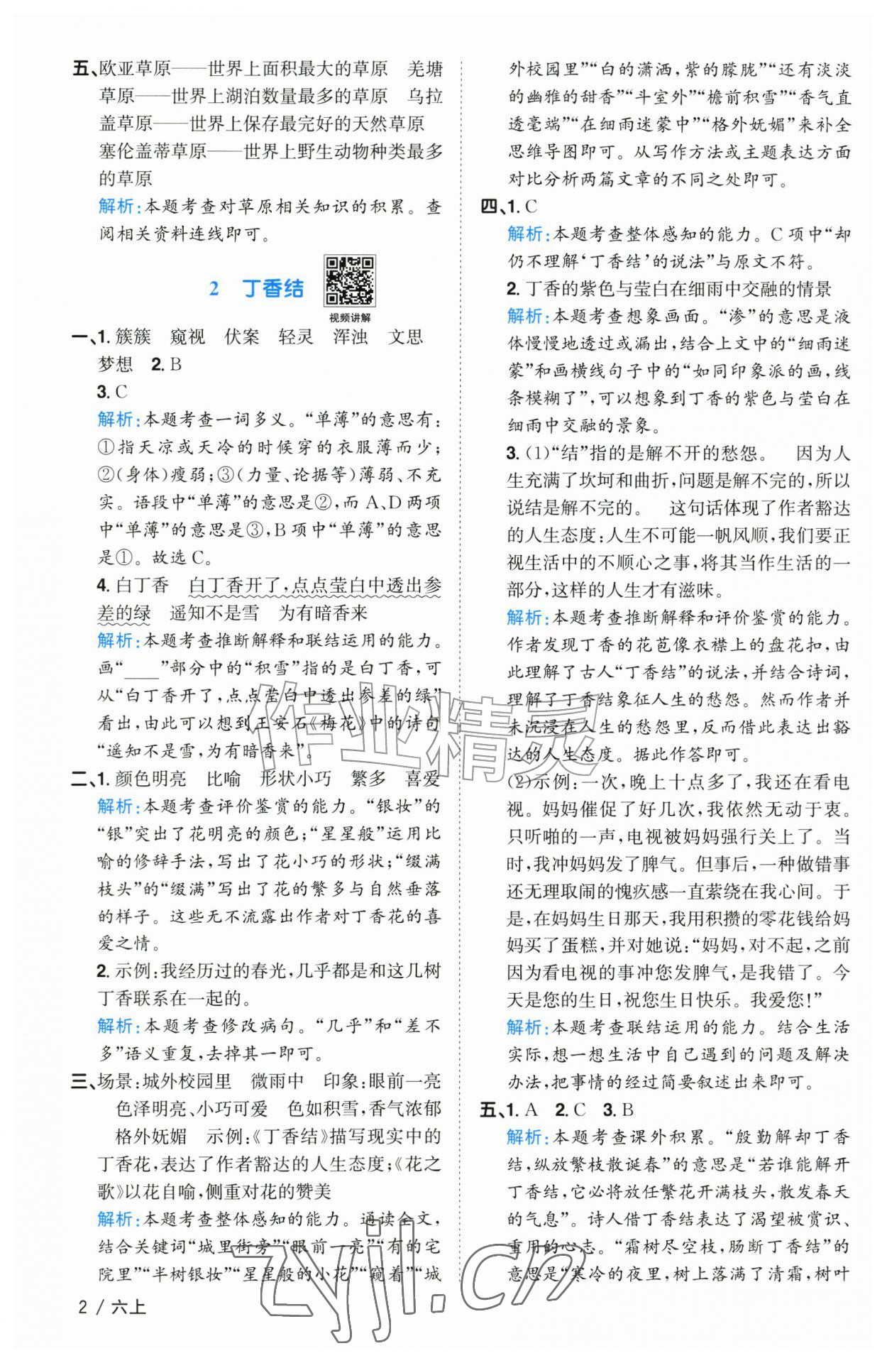2026年阳光同学课时优化作业六年级语文上册人教版菏泽专版&nbsp;参考答案第2页