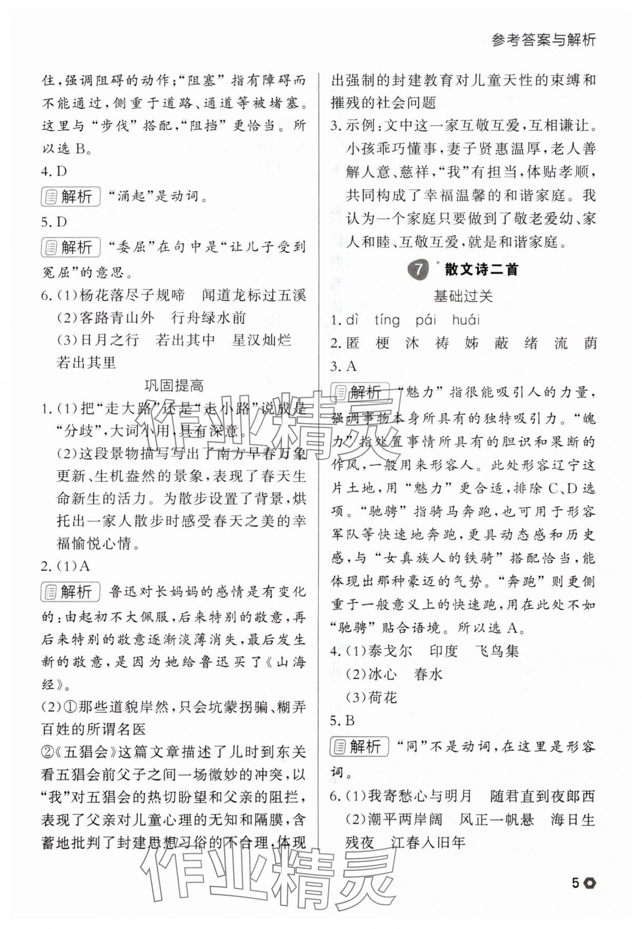 2025年点石成金金牌每课通七年级语文上册人教版辽宁专版 参考答案第5页