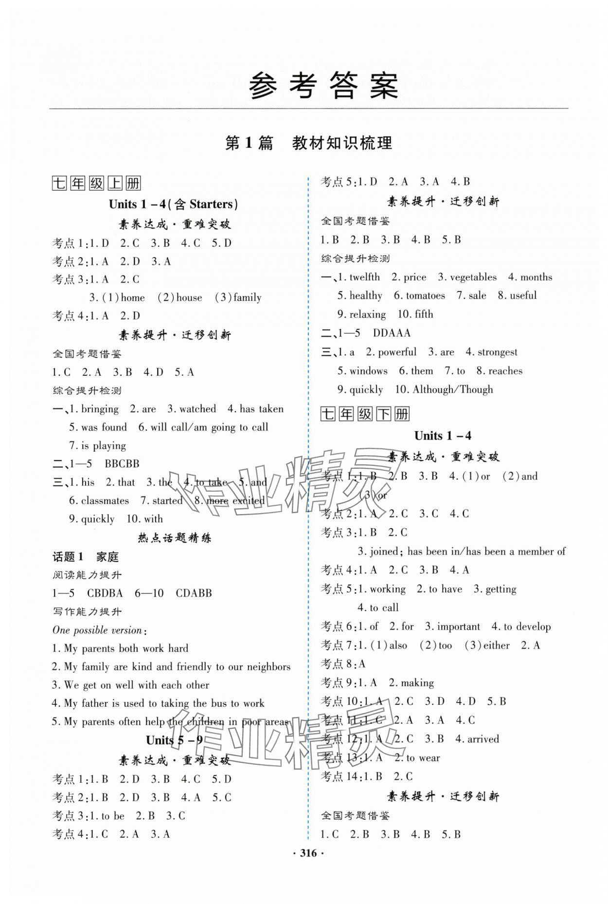 2025年初中畢業(yè)升學(xué)復(fù)習(xí)指導(dǎo)英語 參考答案第1頁