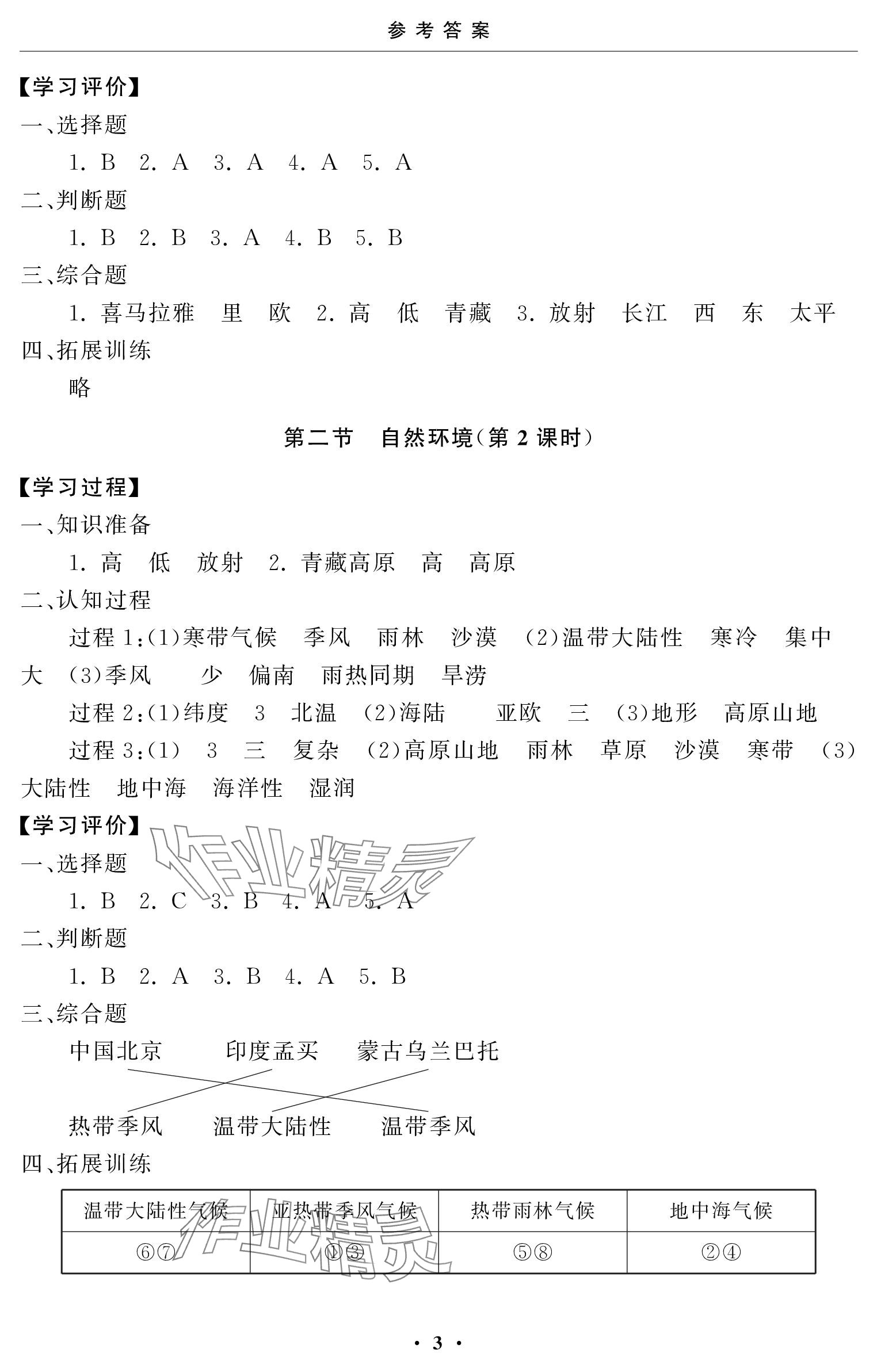 2024年初中学练案七年级地理下册人教版 参考答案第3页
