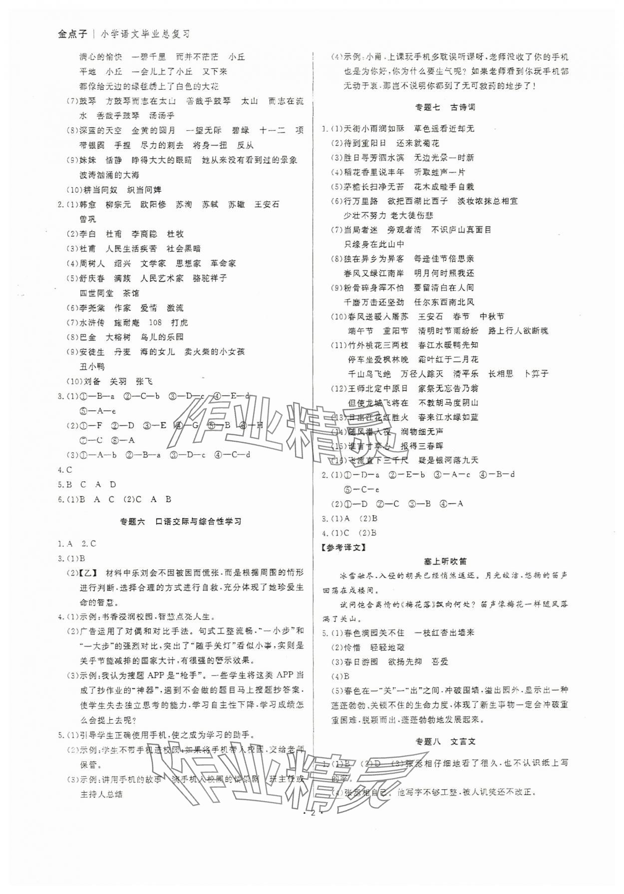 2024年小学毕业总复习六年级语文 参考答案第2页