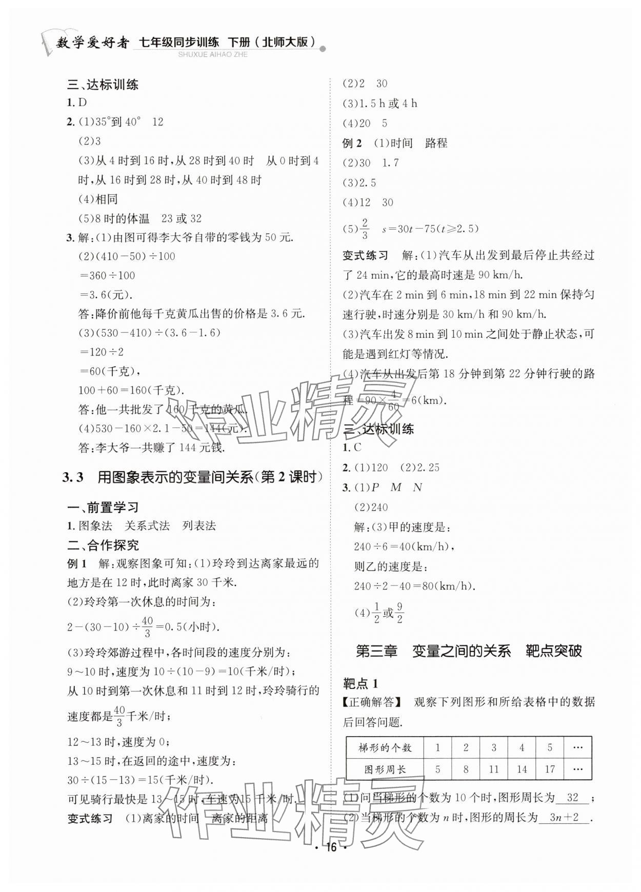 2024年数学爱好者同步训练七年级数学下册北师大版 参考答案第16页