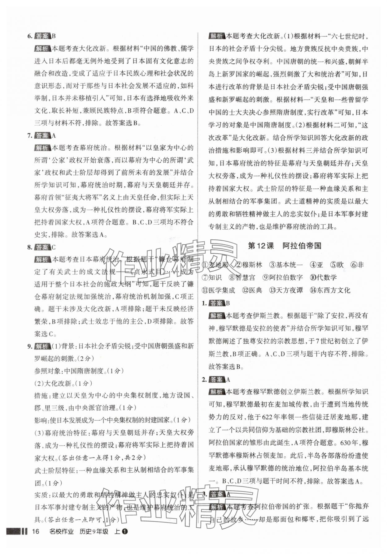 2025年名校作業(yè)九年級歷史上冊人教版山西專版&nbsp;參考答案第16頁