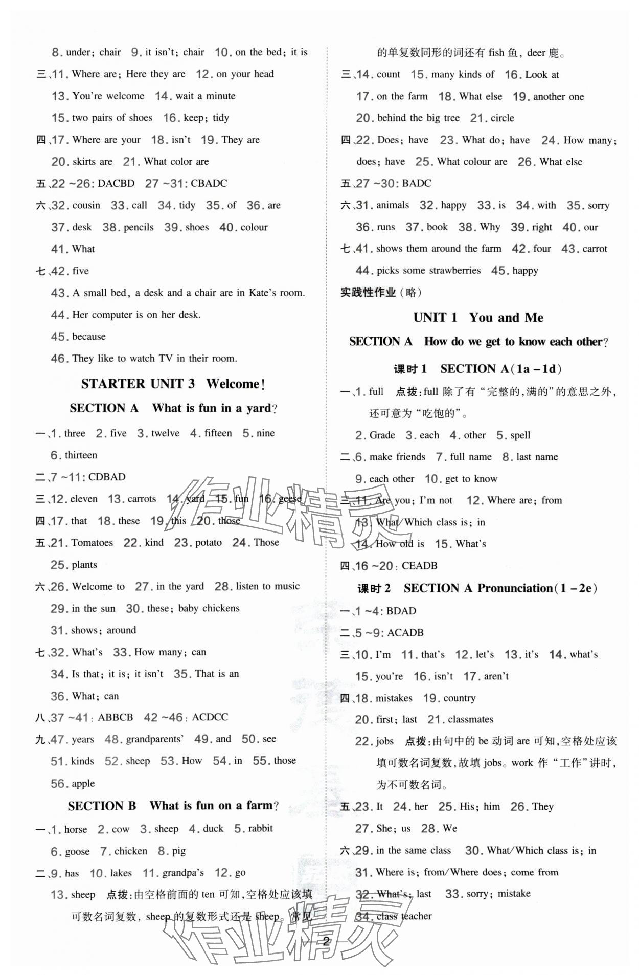 2024年點撥訓練七年級英語上冊人教版寧夏專版 參考答案第2頁