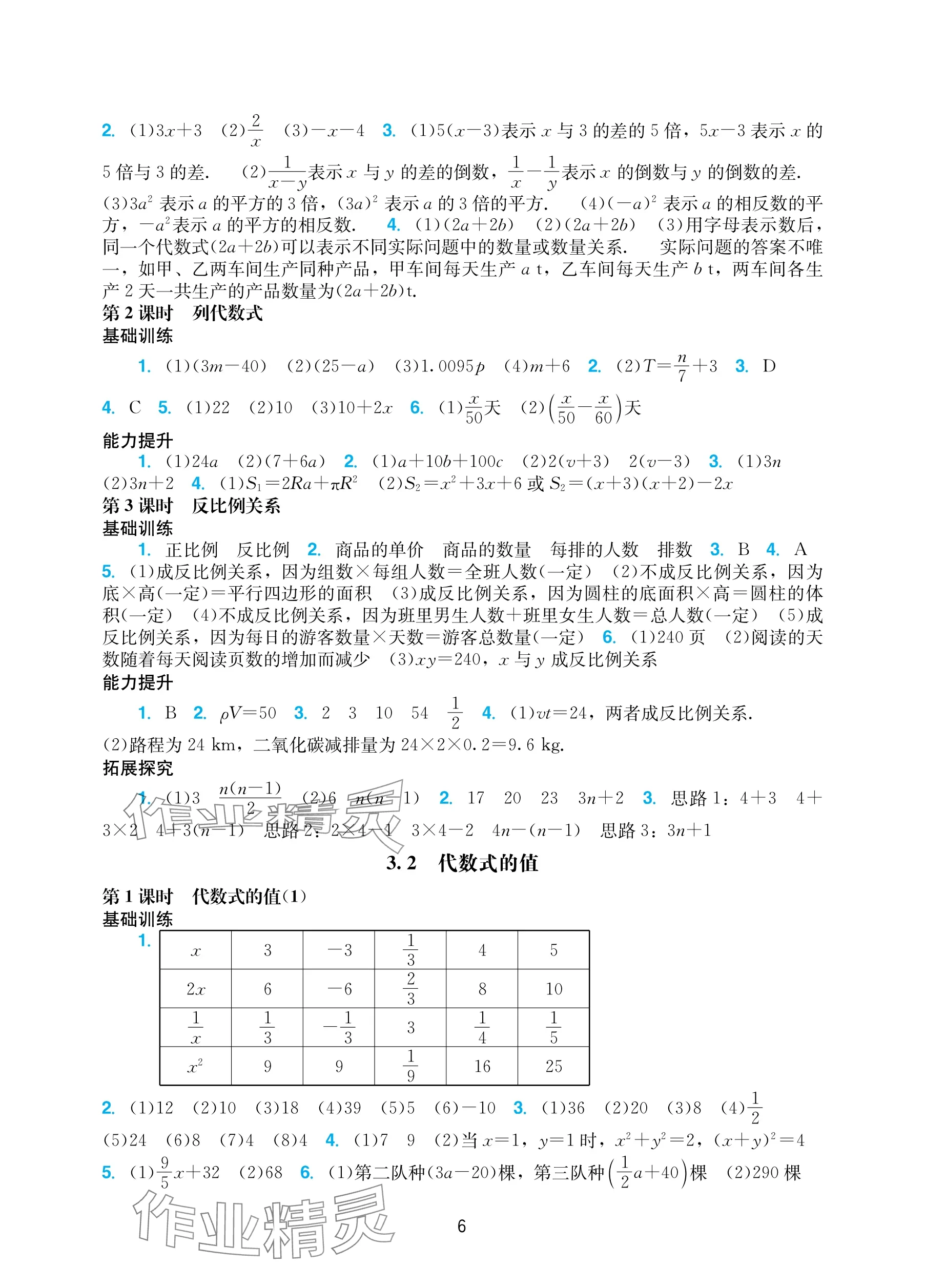 2025年陽光學(xué)業(yè)評價七年級數(shù)學(xué)上冊人教版 參考答案第6頁