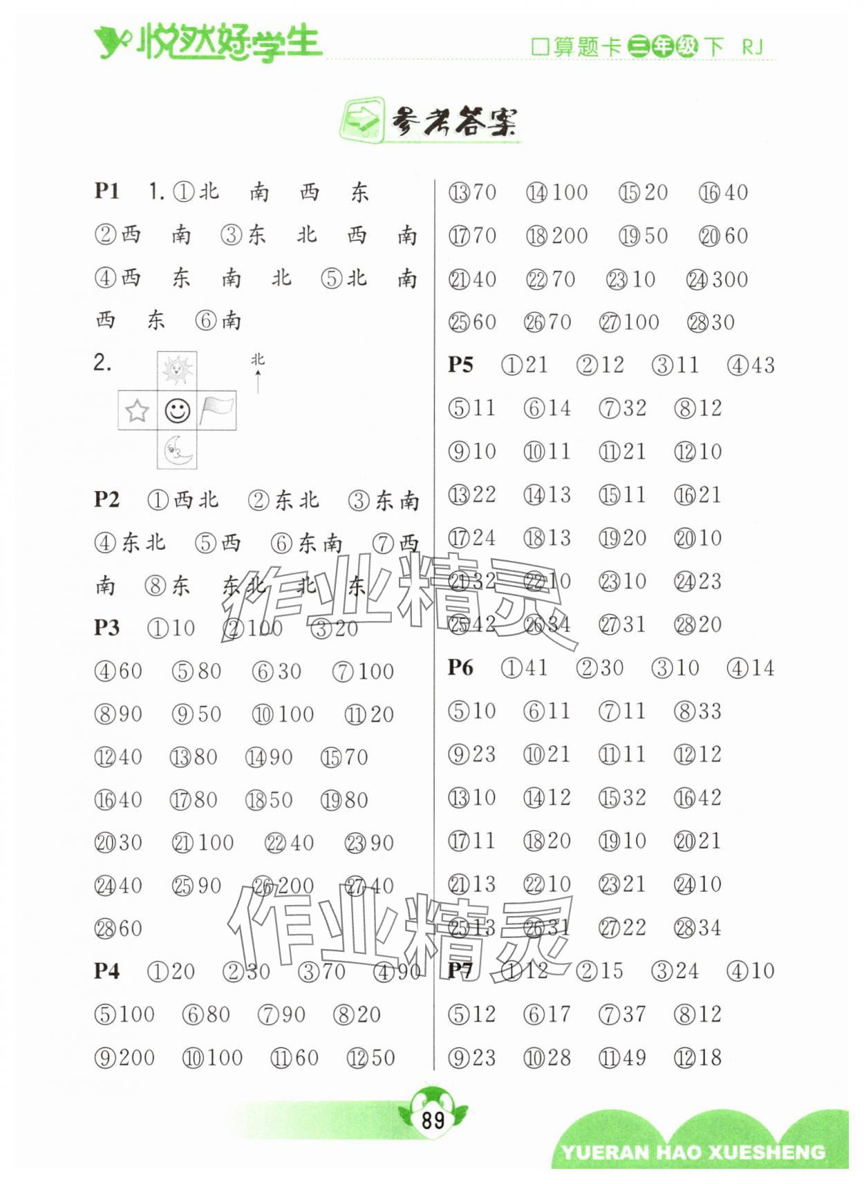2025年悦然好学生口算题卡三年级数学下册人教版 参考答案第1页