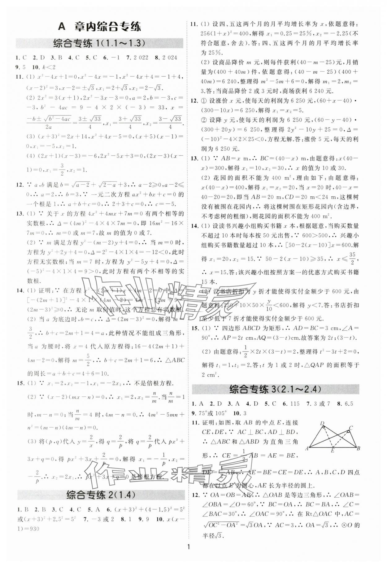 2024年必刷金卷九年級(jí)數(shù)學(xué)全一冊(cè)蘇科版 參考答案第1頁