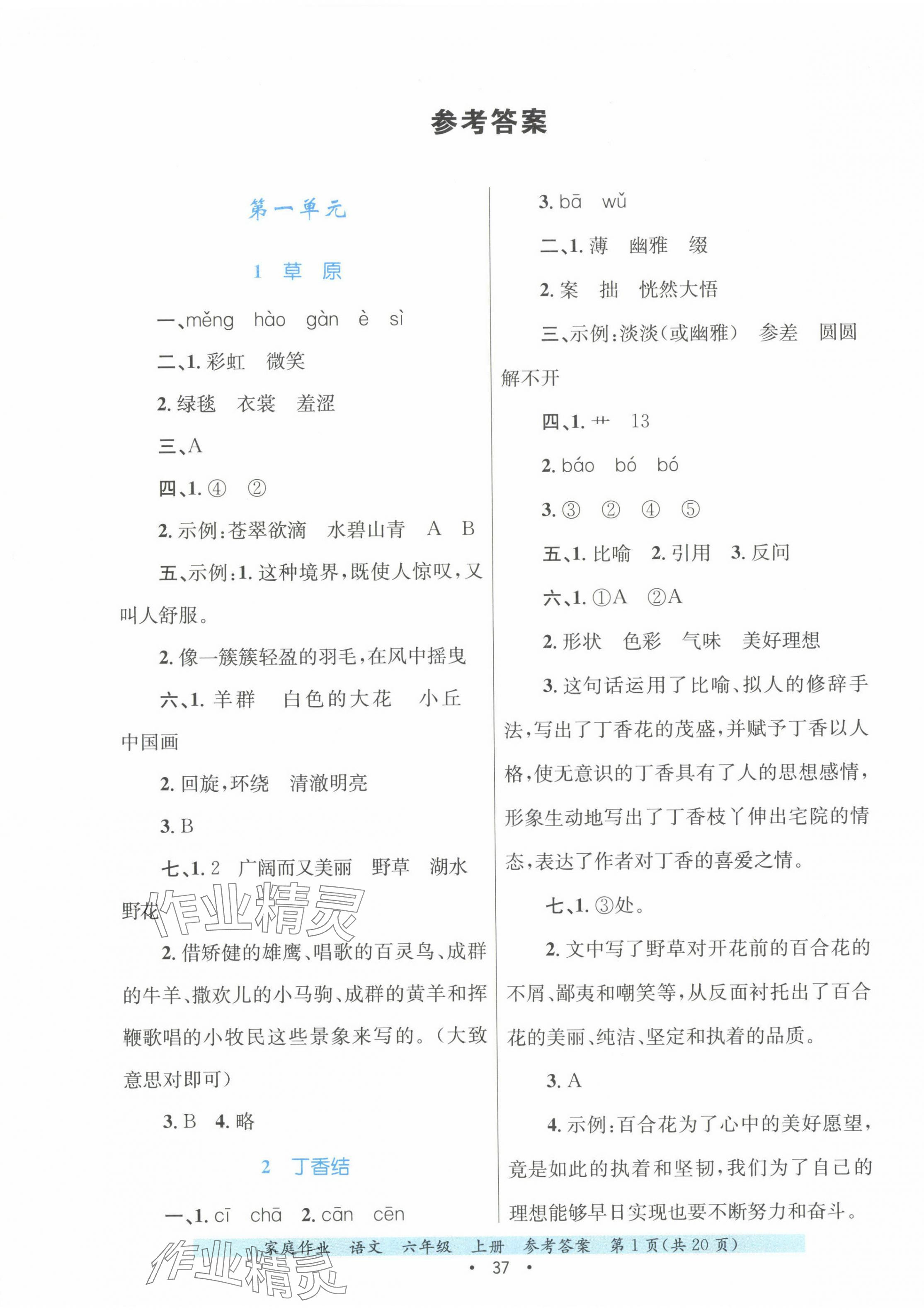 2024年家庭作业六年级语文上册人教版 第1页