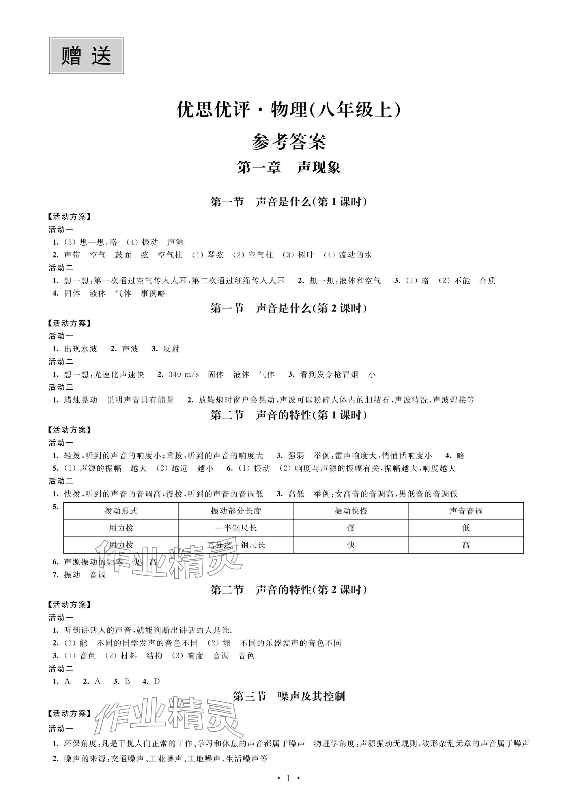 2024年優(yōu)思優(yōu)評八年級物理上冊蘇科版 參考答案第1頁