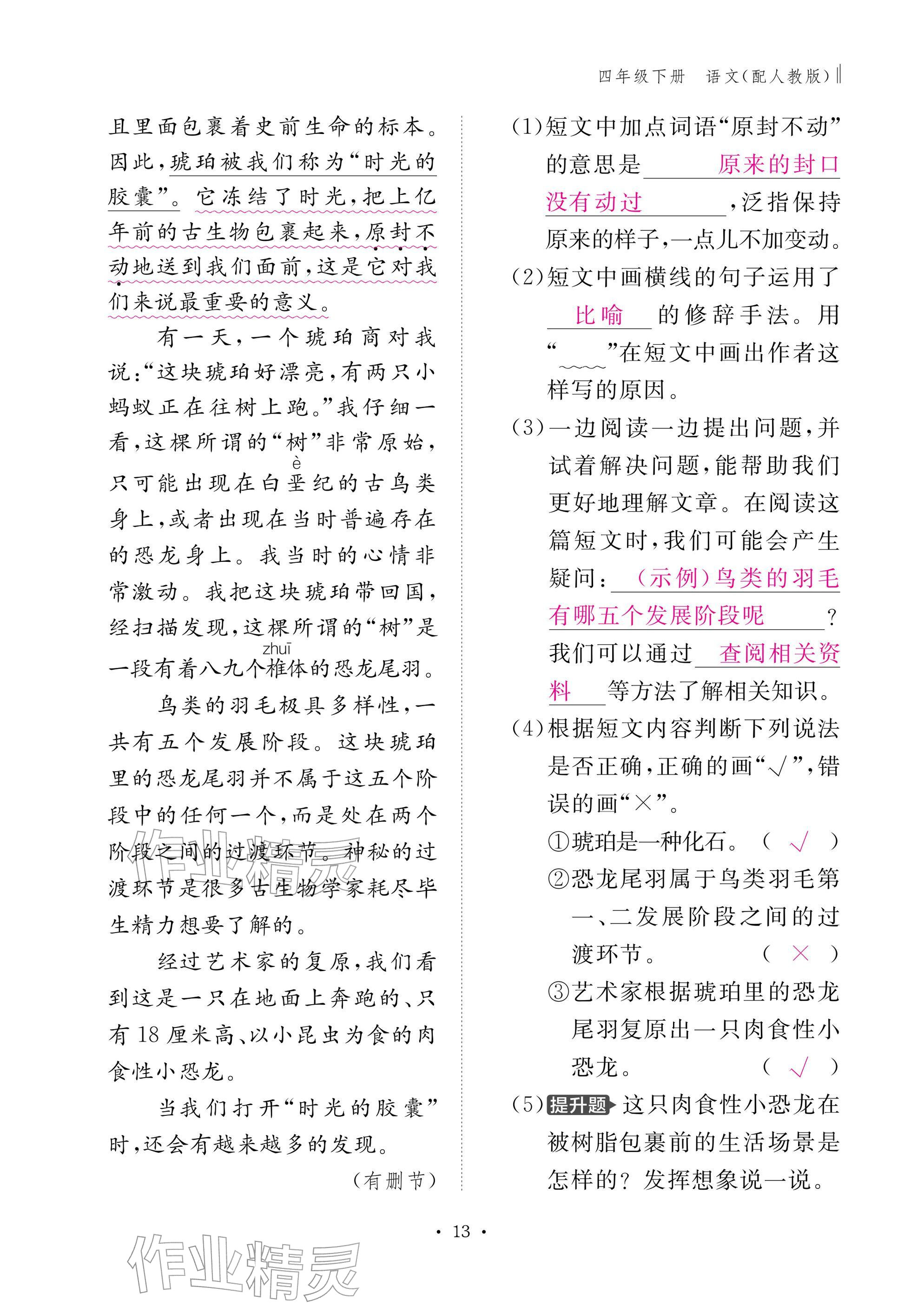 2026年作业本江西教育出版社四年级语文下册人教版&nbsp;参考答案第13页