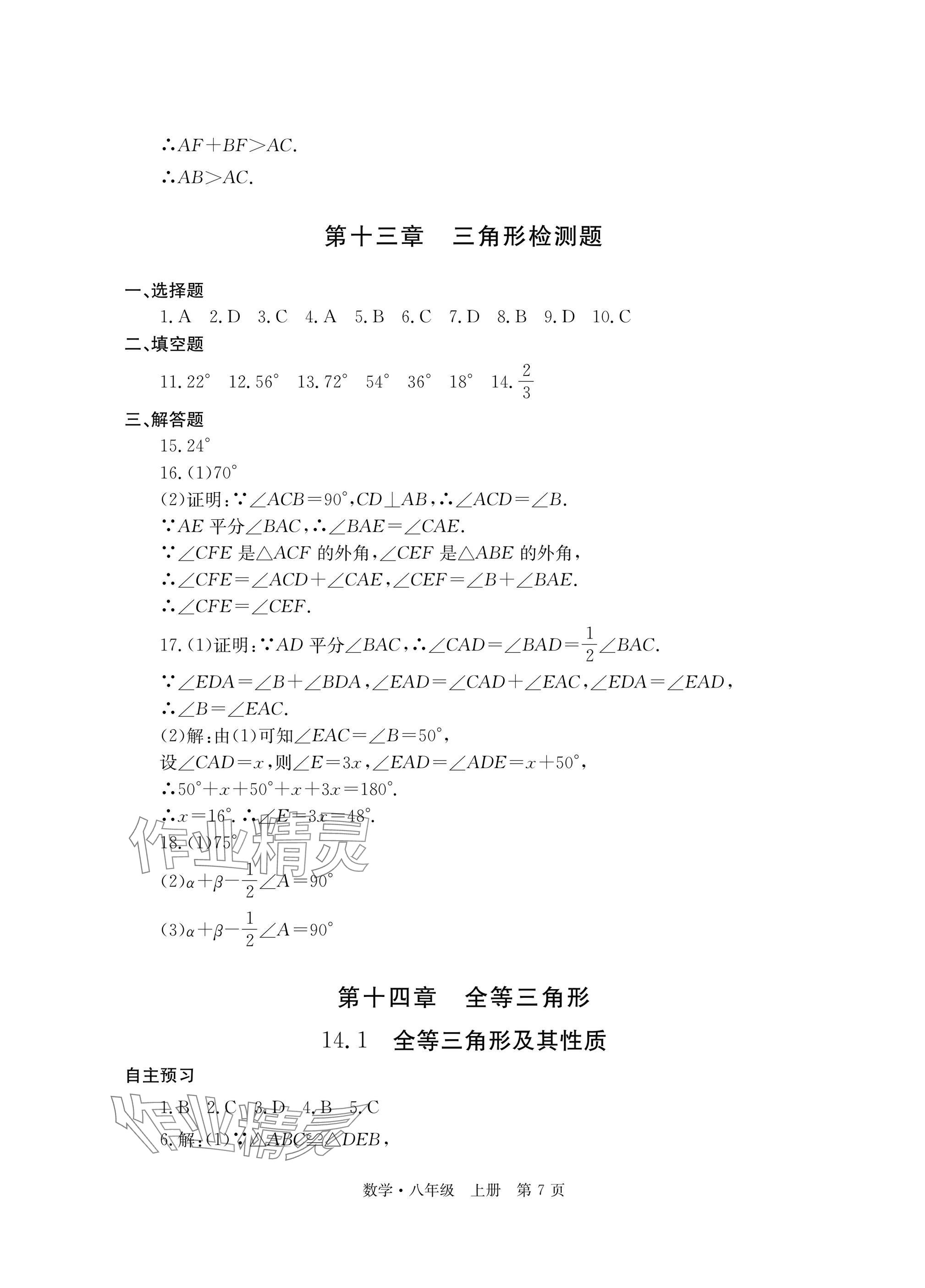 2025年自主学习指导课程与测试八年级数学上册人教版 参考答案第7页