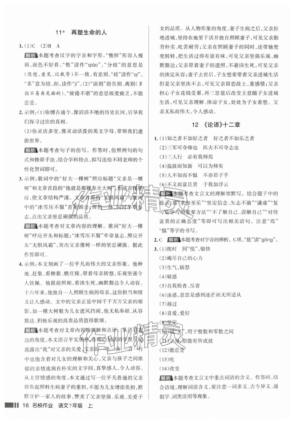 2025年名校作业七年级语文上册人教版山西专版&nbsp;参考答案第16页
