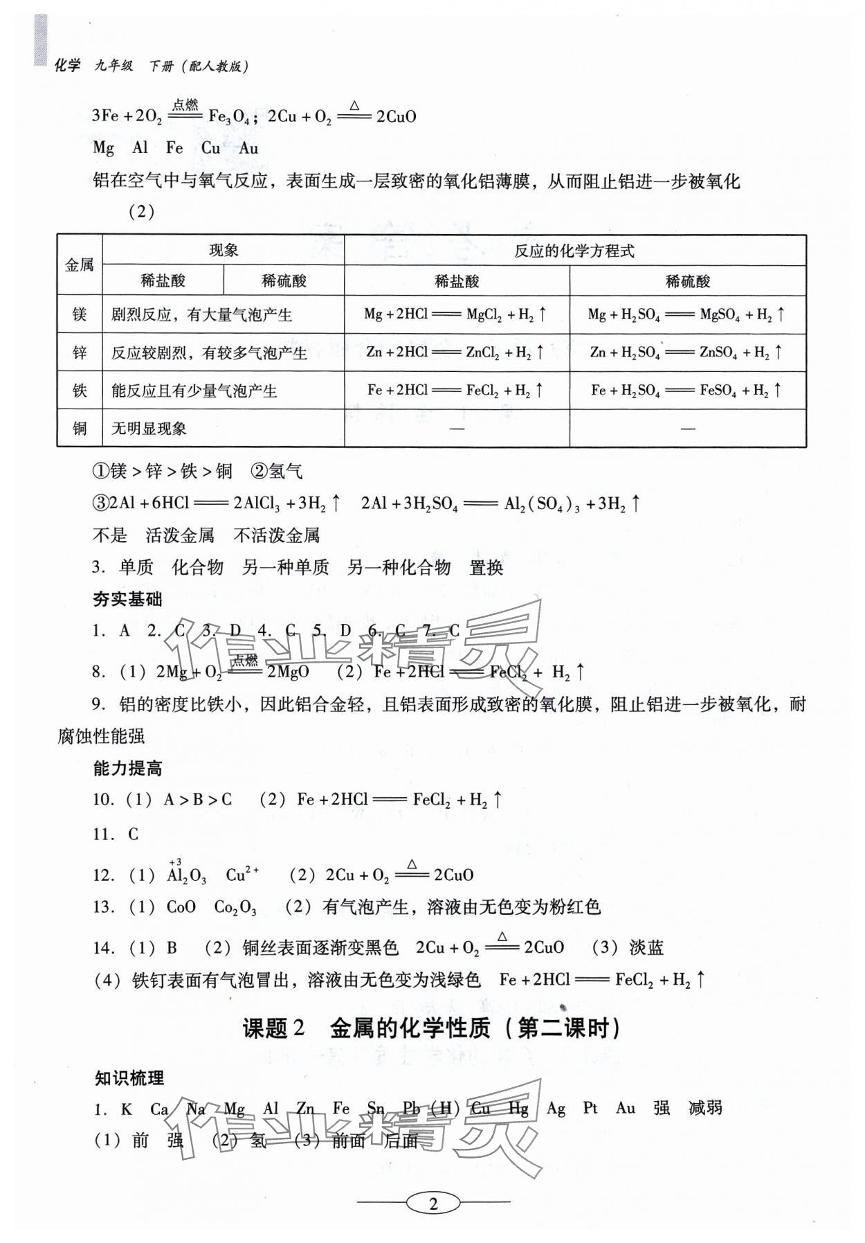 2024年南方新课堂金牌学案九年级化学下册人教版珠海专版 参考答案第2页