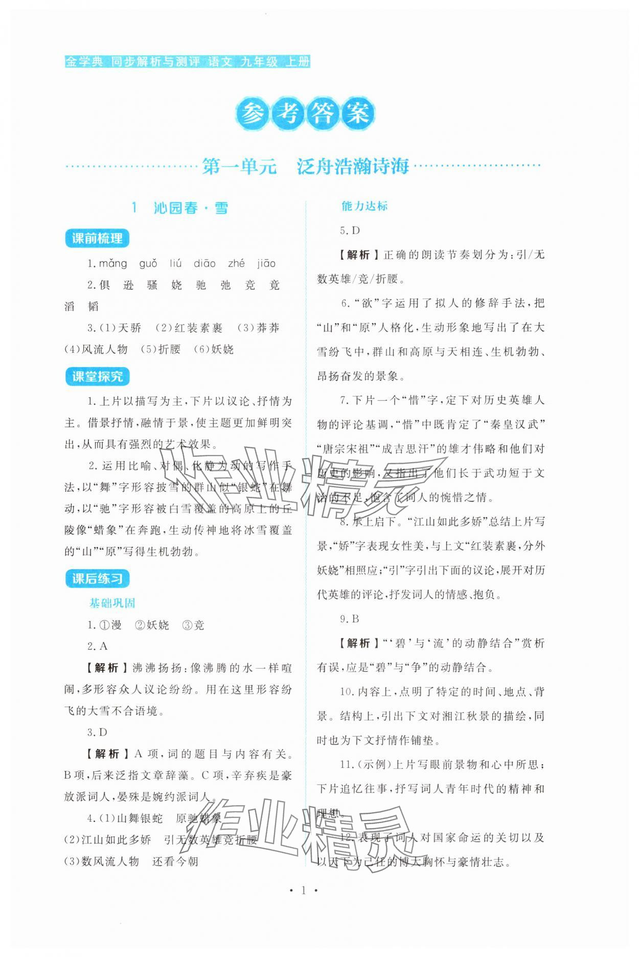 2025年金学典同步解析与测评贵州人民出版社九年级语文上册人教版 第1页