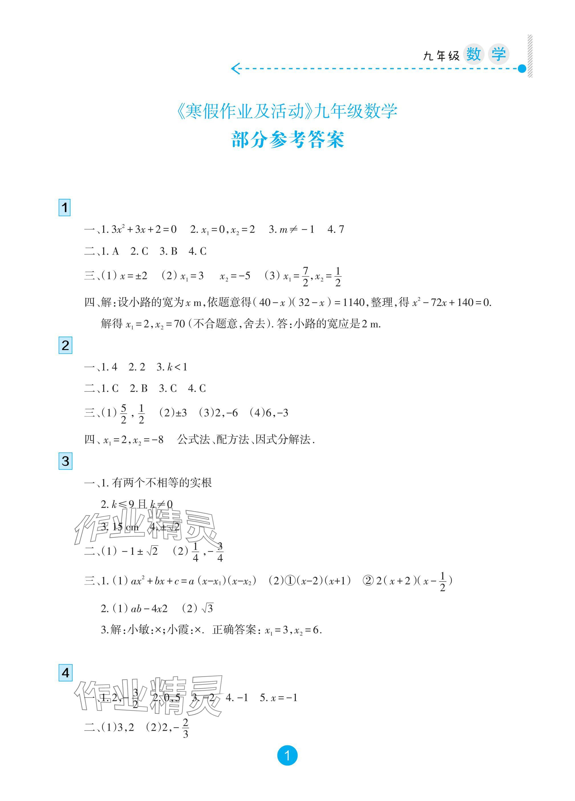 2025年寒假作業(yè)及活動九年級數(shù)學(xué) 參考答案第1頁