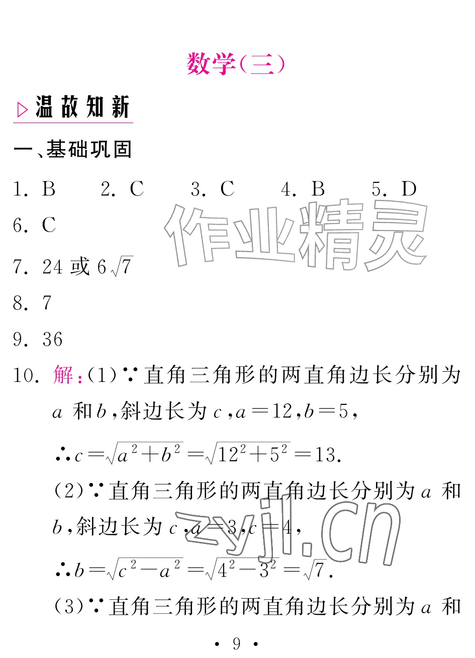 2026年天舟文化精彩暑假团结出版社八年级数学全一册人教版&nbsp;参考答案第9页