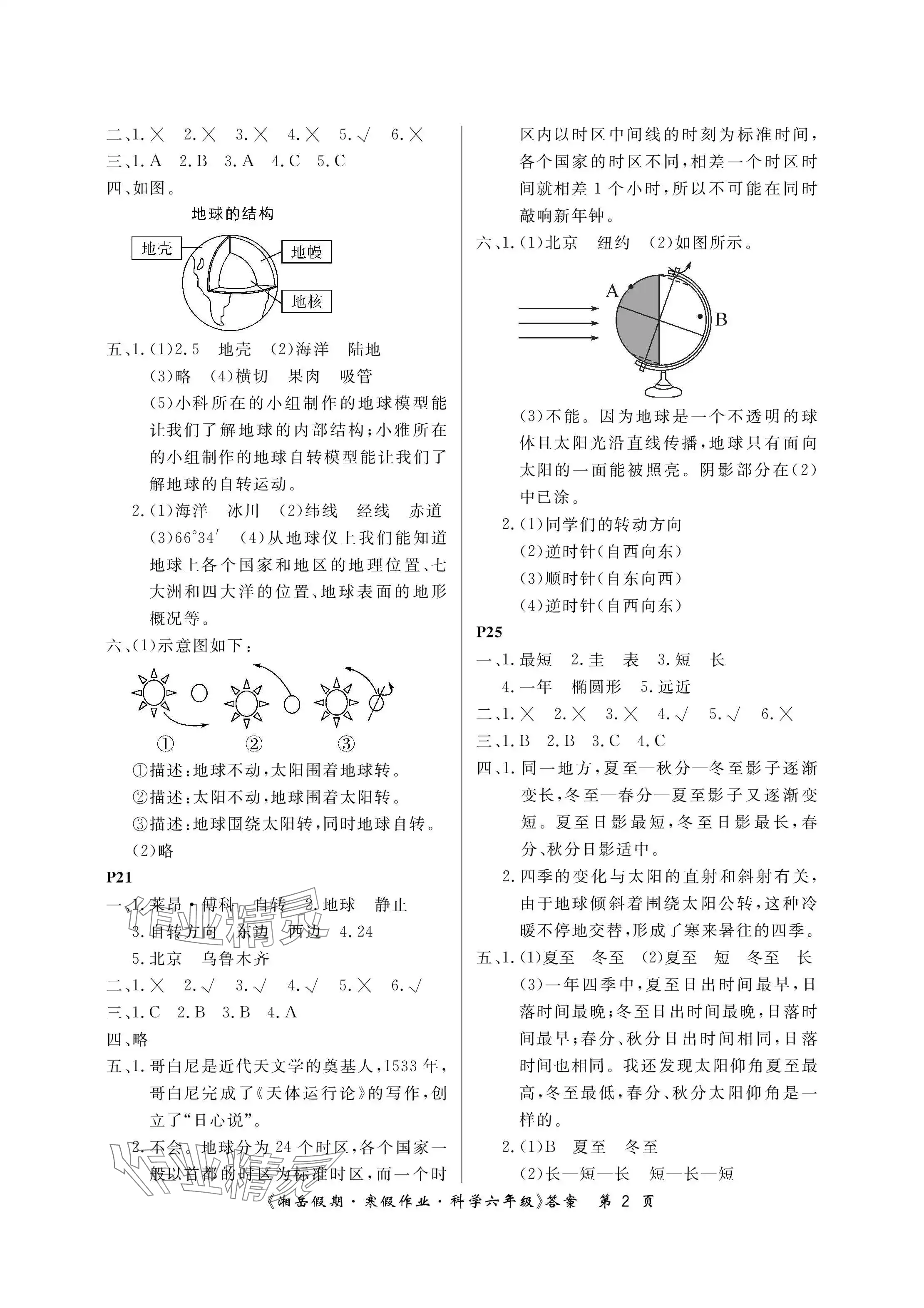 2024年湘岳假期寒假作业六年级科学教科版第五版 参考答案第2页