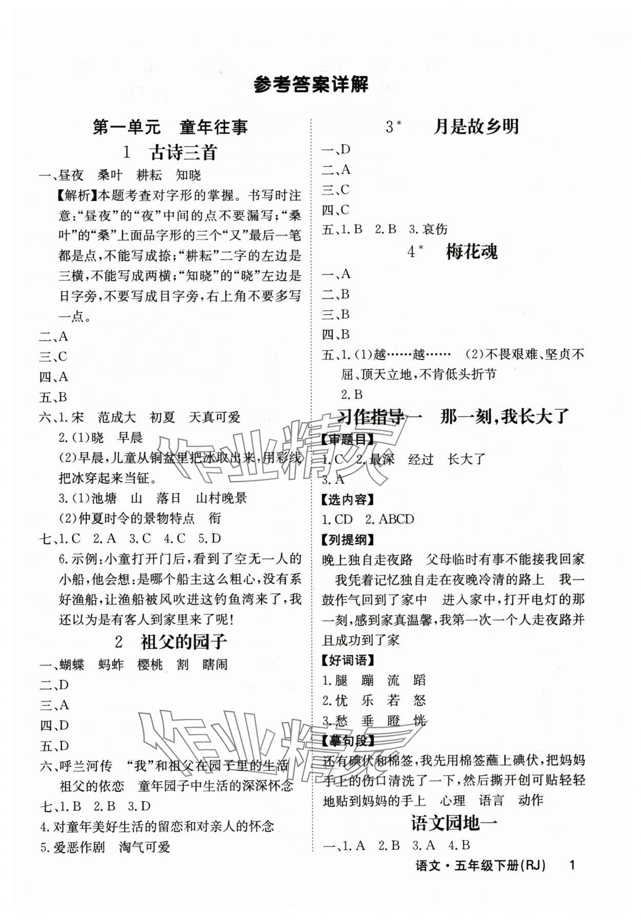 2024年課堂點睛五年級語文下冊人教版福建專版 參考答案第1頁