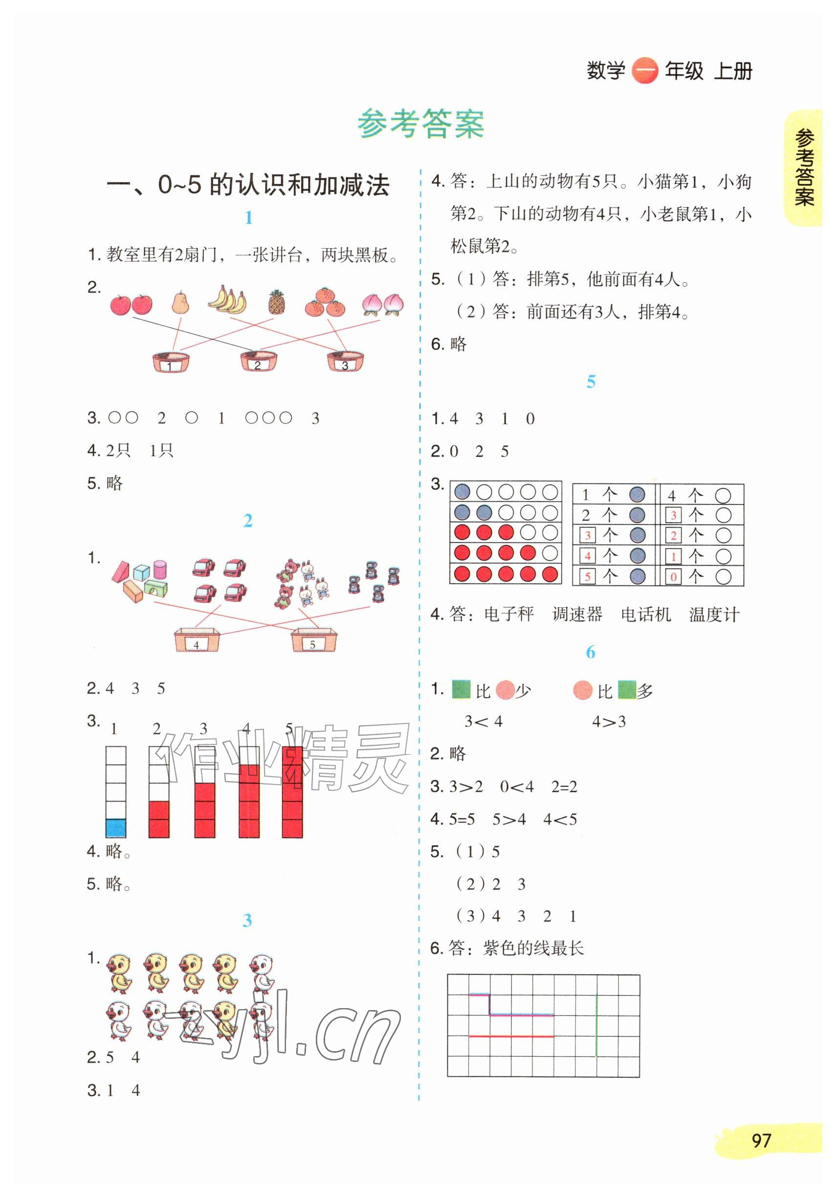 2026年教材课本一年级数学上册苏教版&nbsp;参考答案第1页