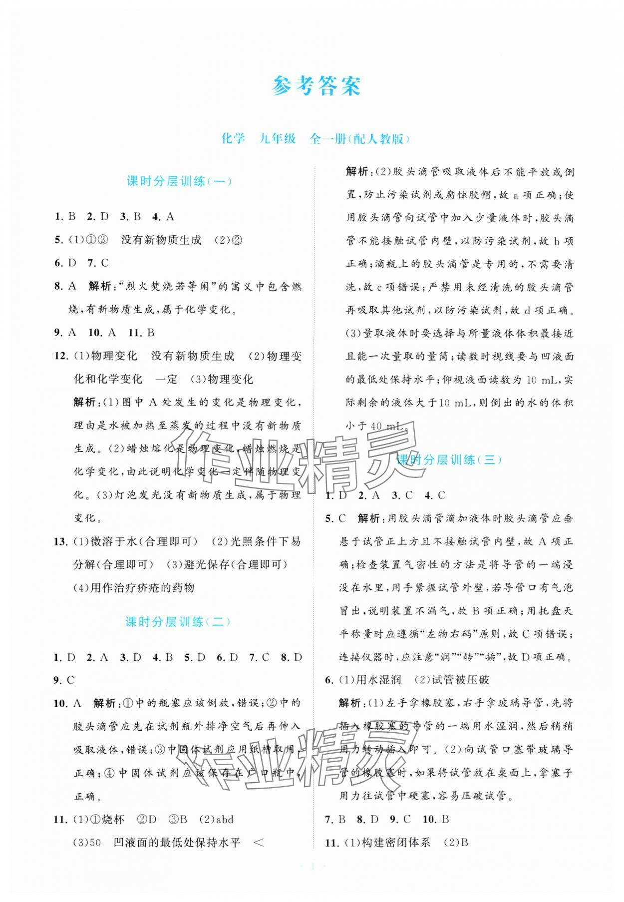 2024年课标新卷九年级化学全一册人教版 参考答案第1页