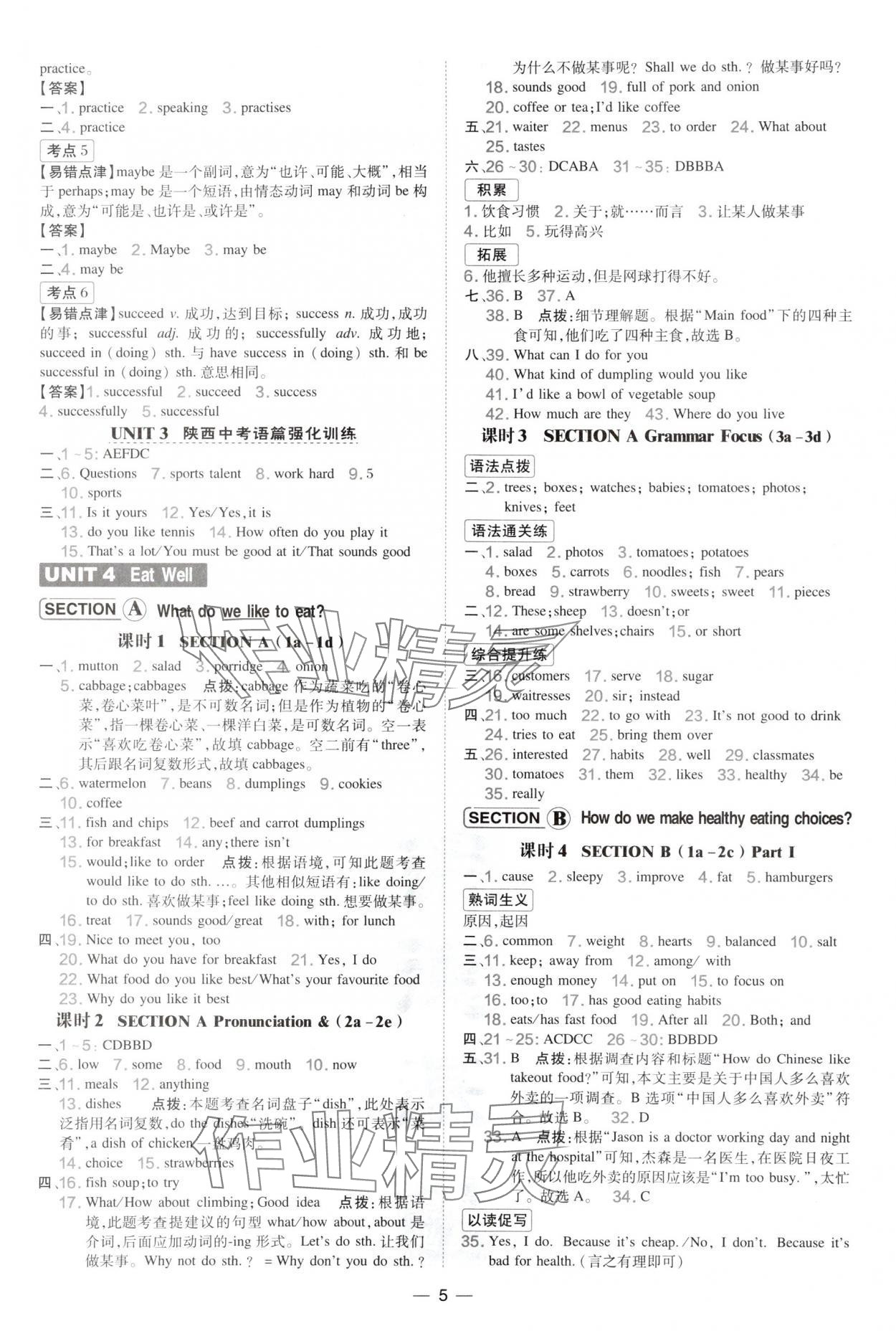 2025年点拨训练七年级英语下册人教版陕西专版 参考答案第5页