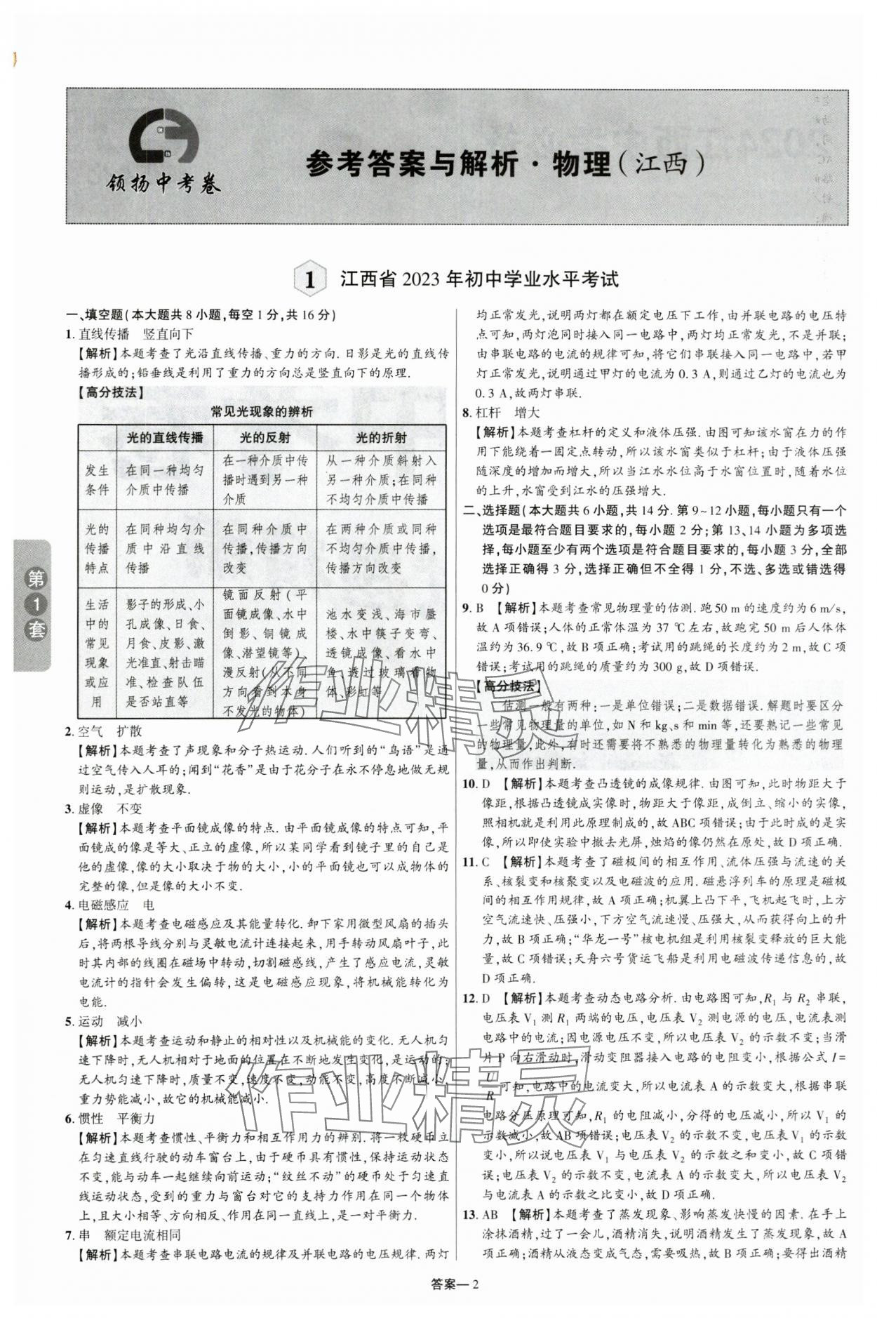 2024年領揚中考卷物理江西專版 參考答案第1頁