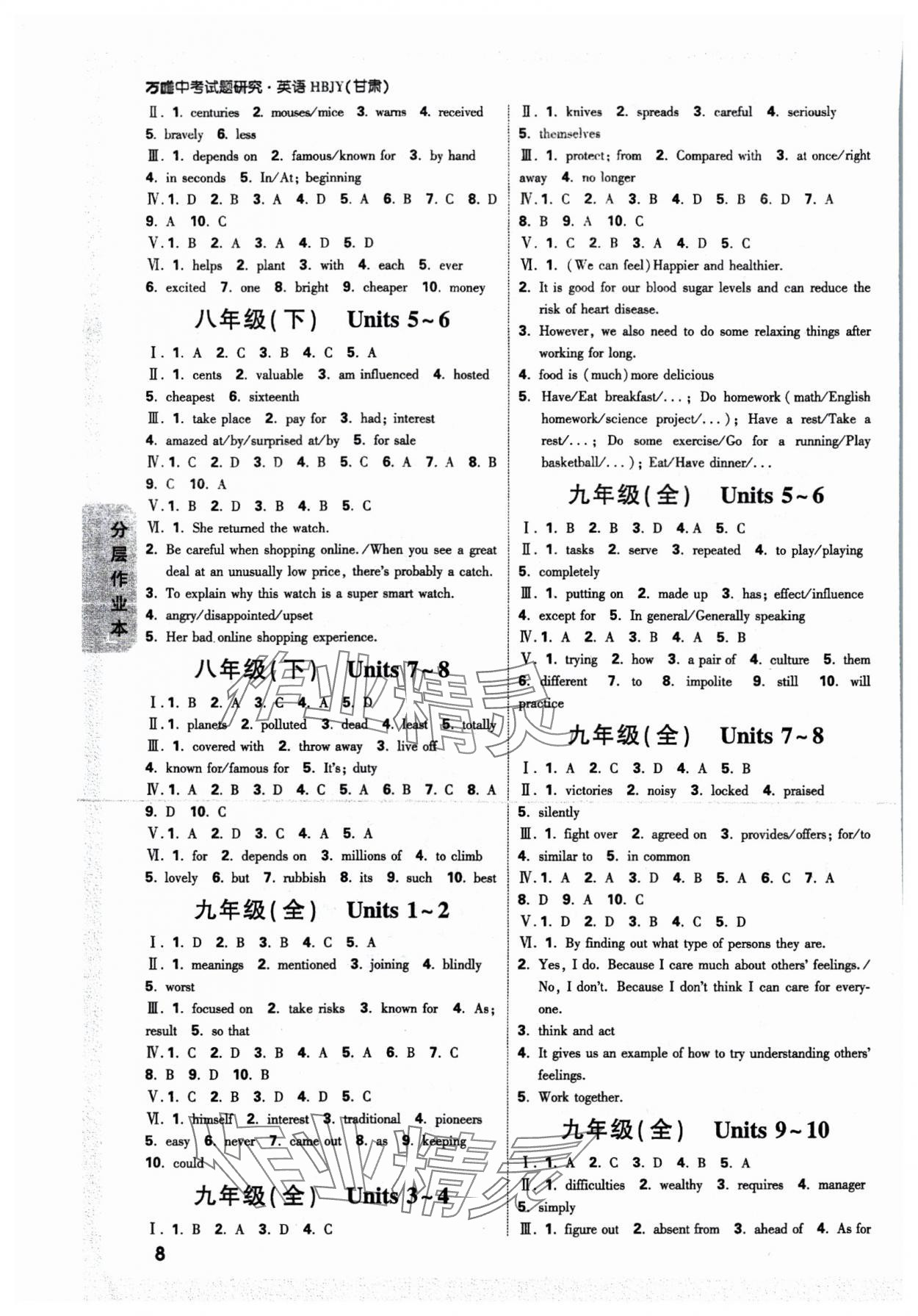 2025年萬唯中考試題研究英語冀教版甘肅專版 參考答案第8頁