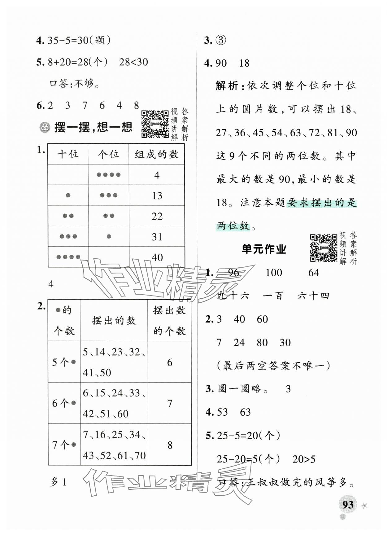 2025年小学学霸作业本一年级数学下册人教版&nbsp;参考答案第9页