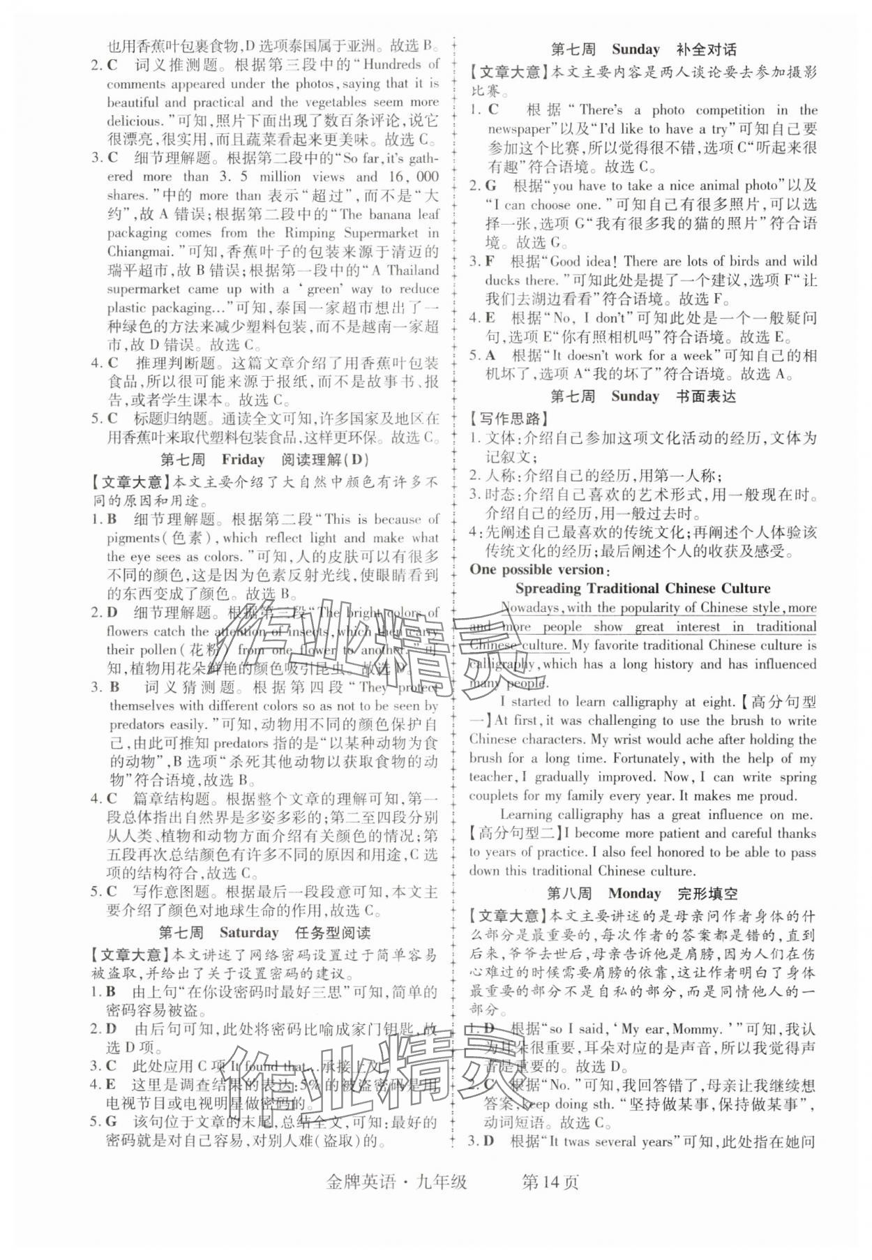 2024年金牌英語初中閱讀理解與完形填空九年級江西專版 第14頁
