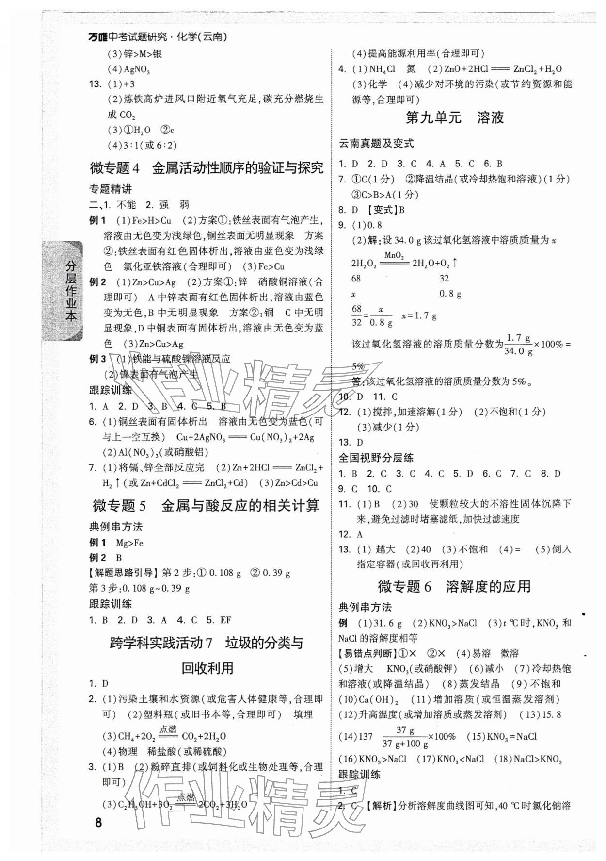 2026年萬唯中考試題研究化學(xué)云南專版&nbsp;參考答案第8頁