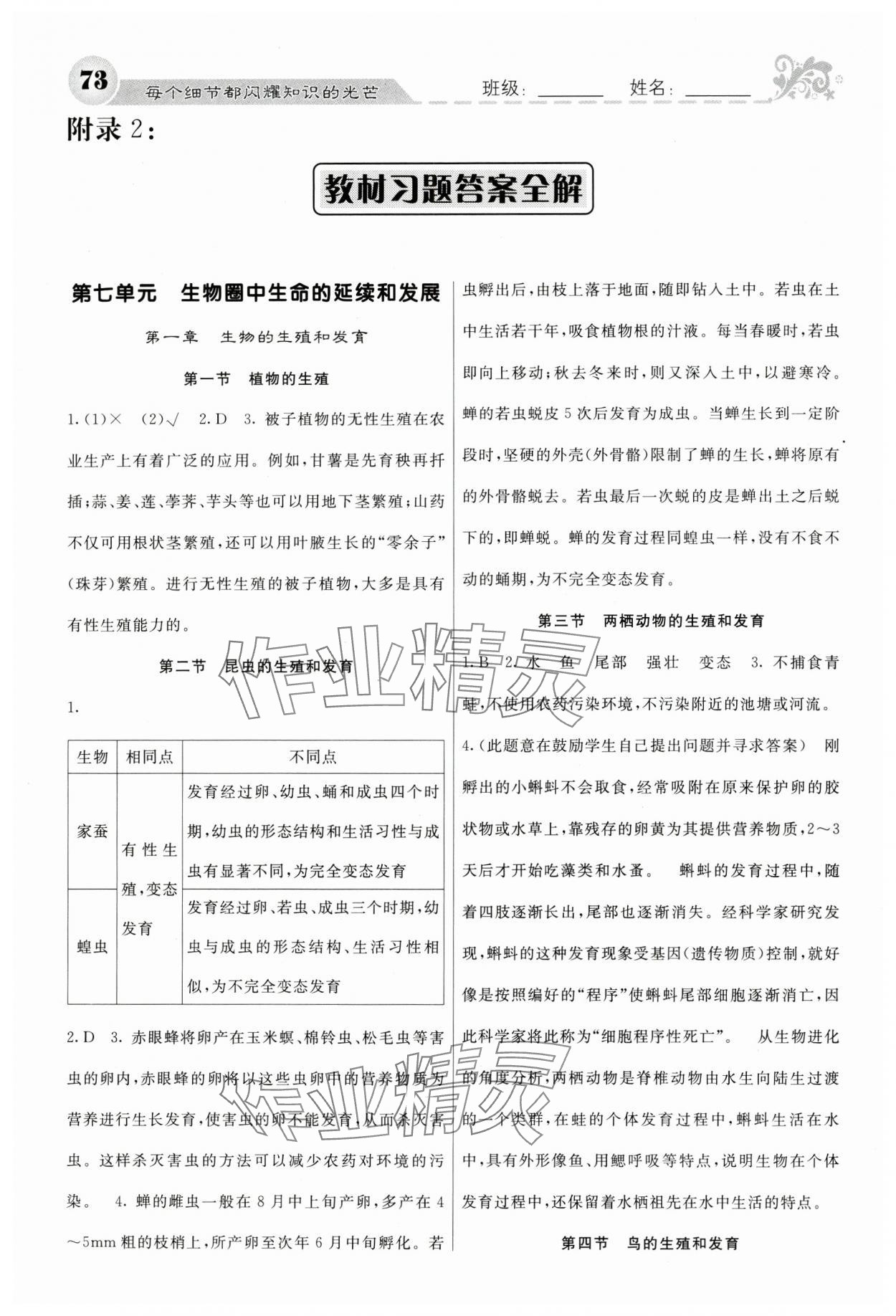 2025年教材課本八年級生物下冊人教版 參考答案第1頁