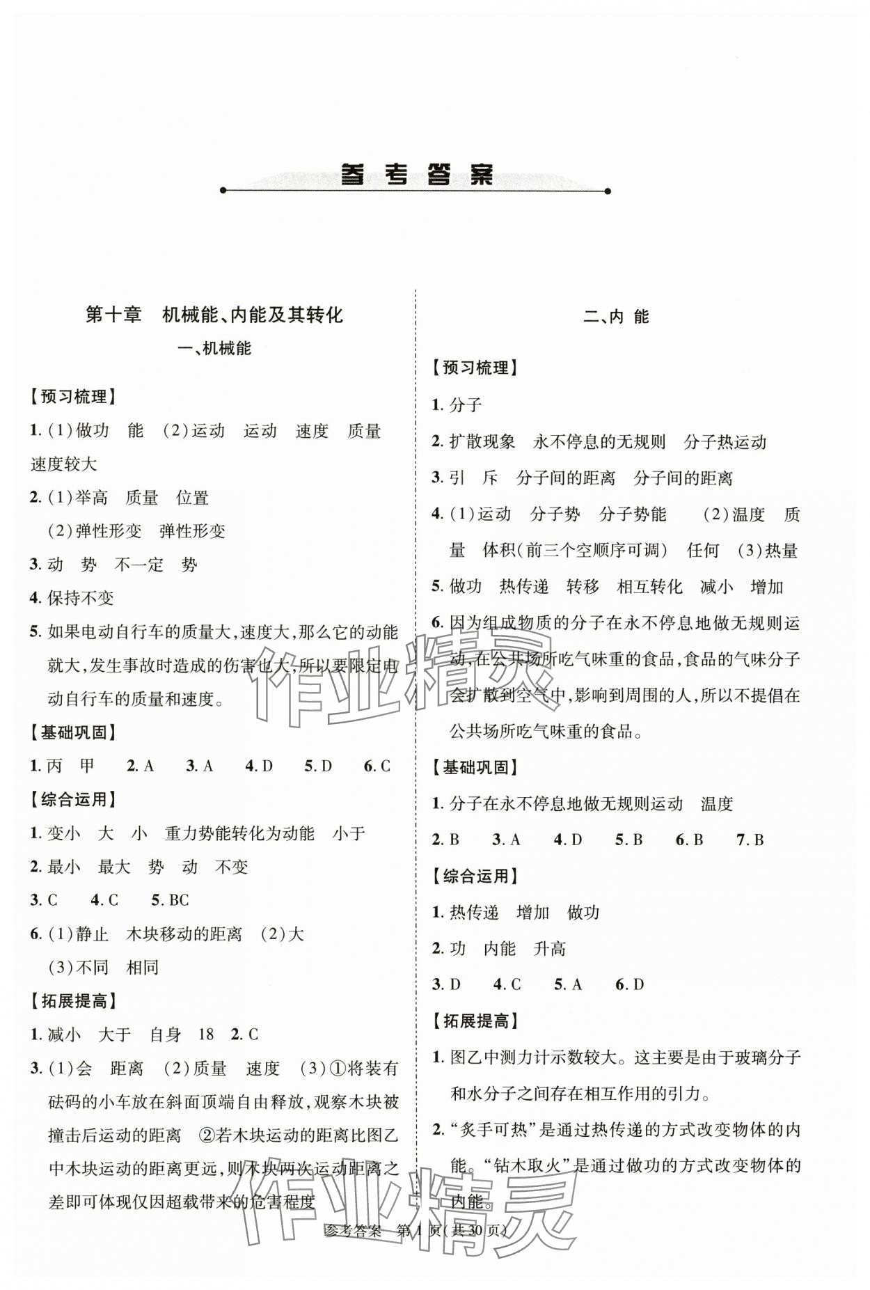 2024年新课程同步学案九年级物理全一册北师大版 参考答案第1页