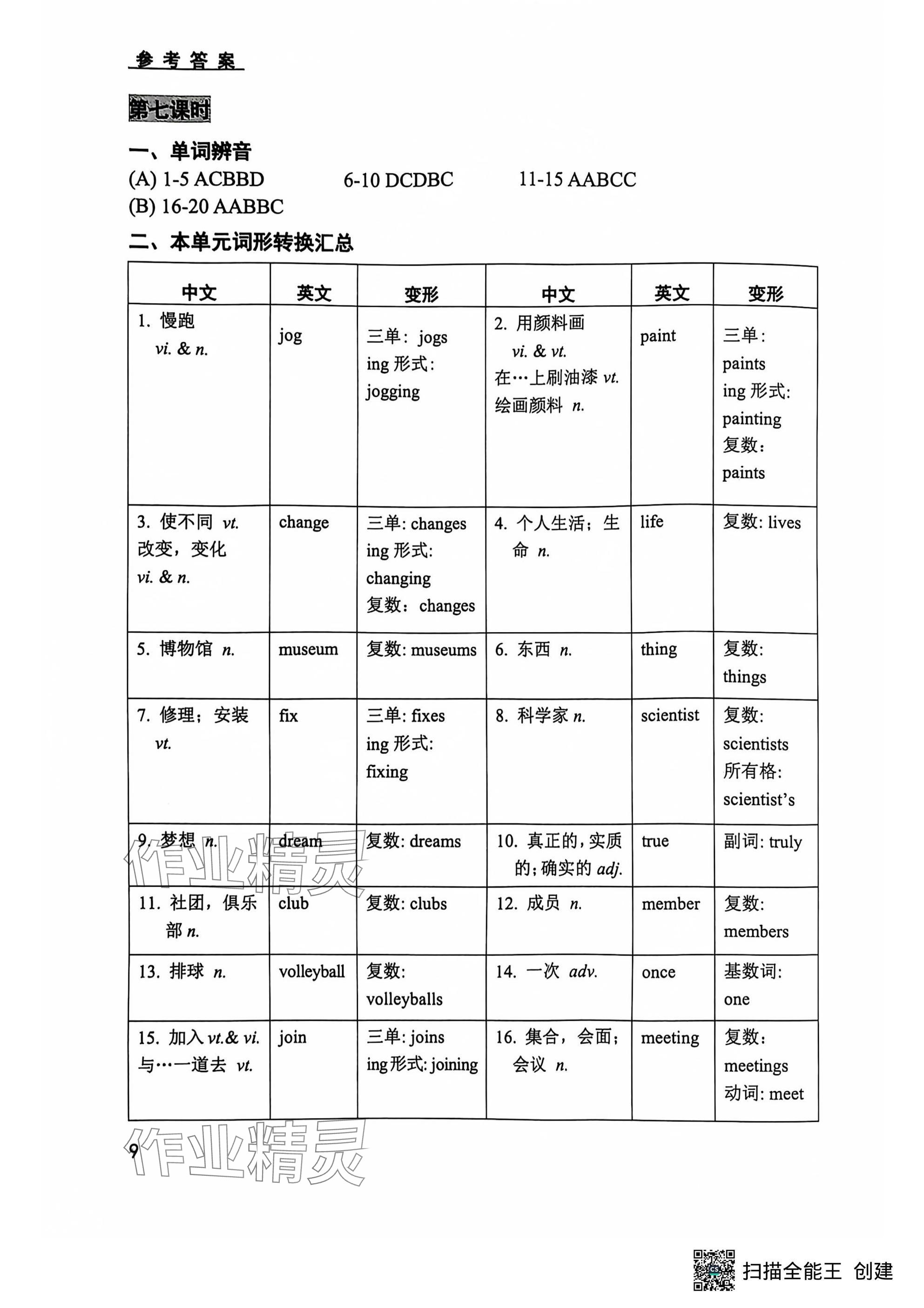 2024年卓越英语七年级上册译林版 参考答案第9页