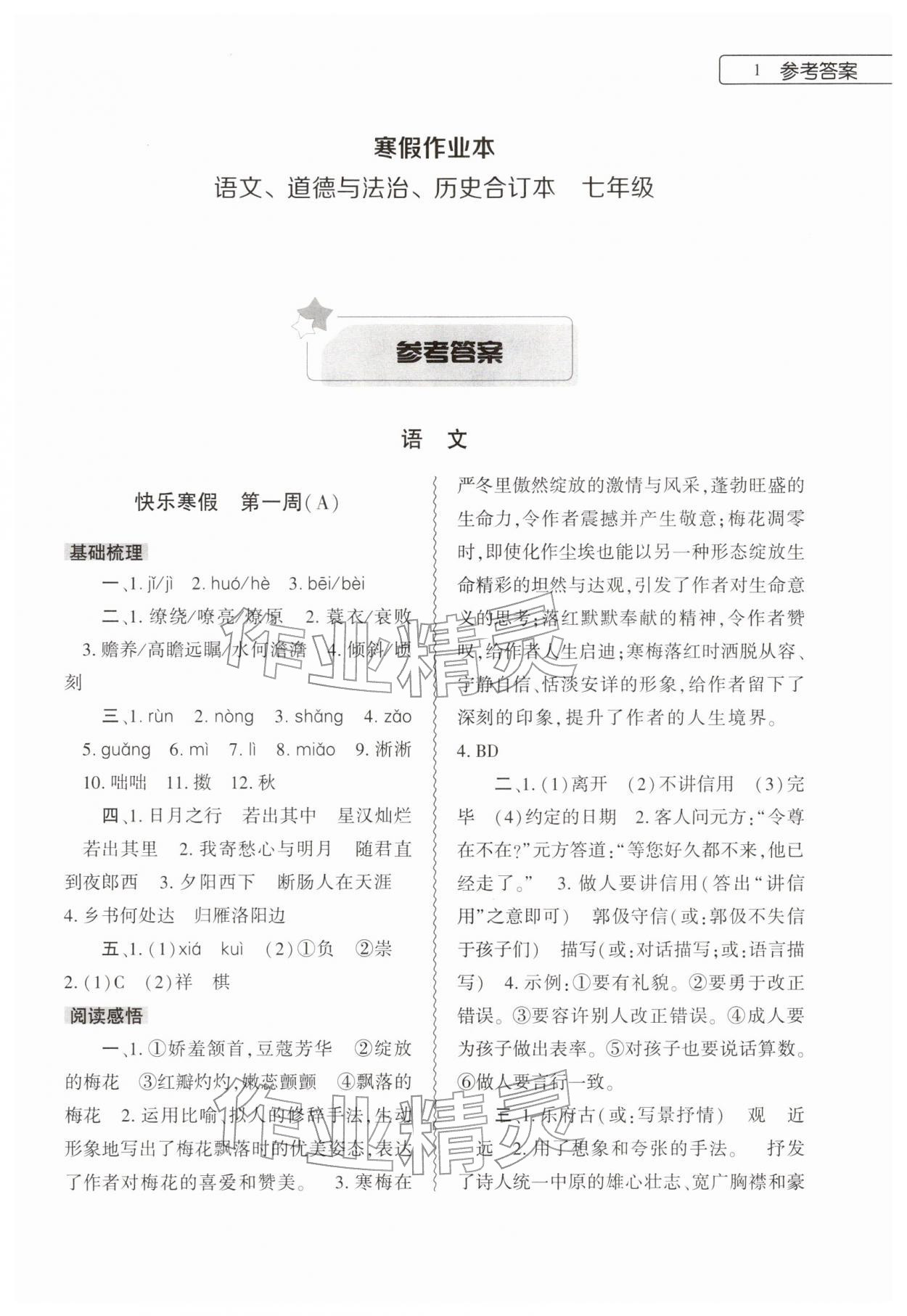 2026年寒假作業(yè)本大象出版社七年級(jí)語文道德與法治歷史合訂本&nbsp;第1頁