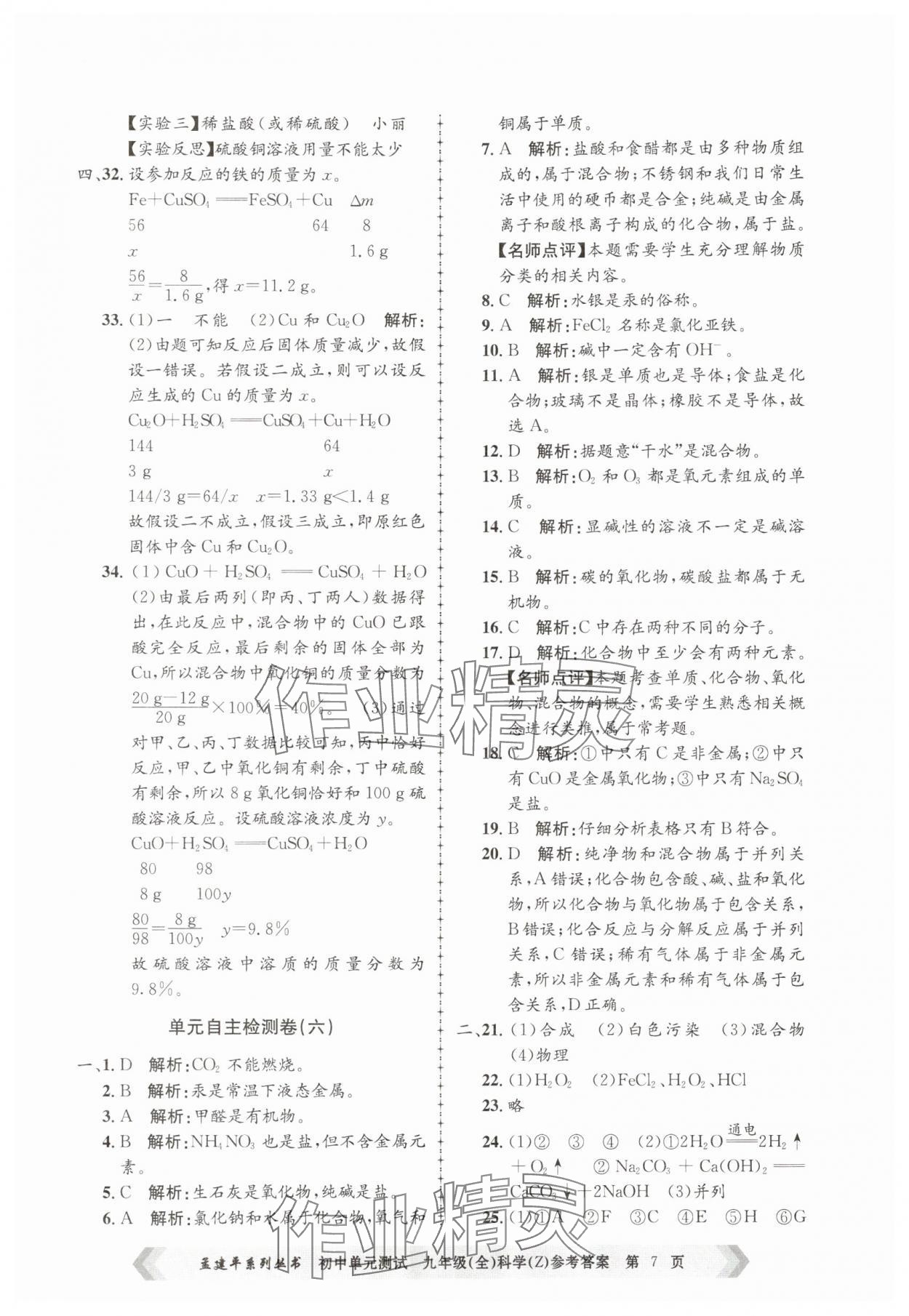 2025年孟建平單元測試九年級科學(xué)全一冊浙教版 第7頁