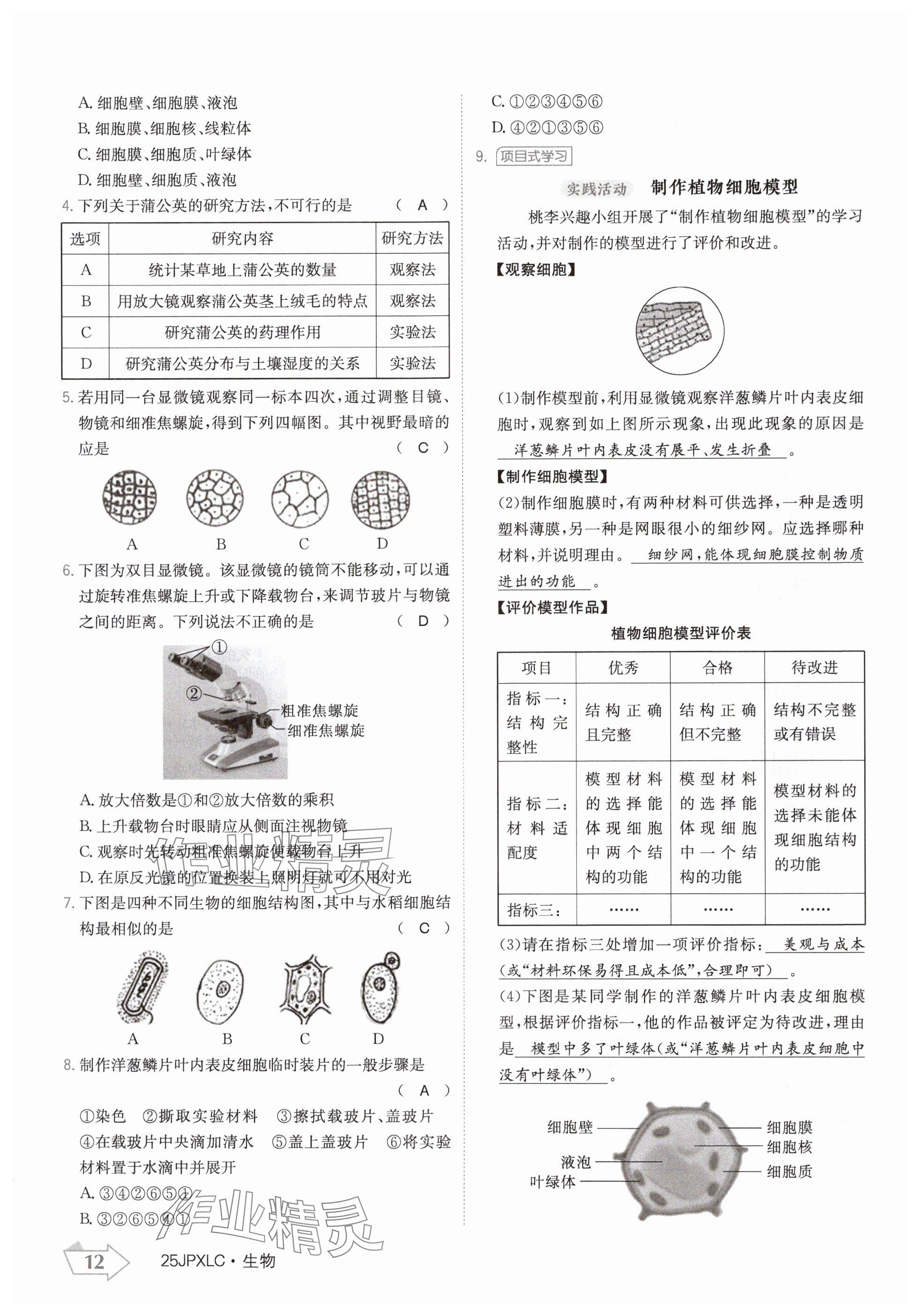 2024年金牌學練測七年級生物上冊人教版 參考答案第12頁